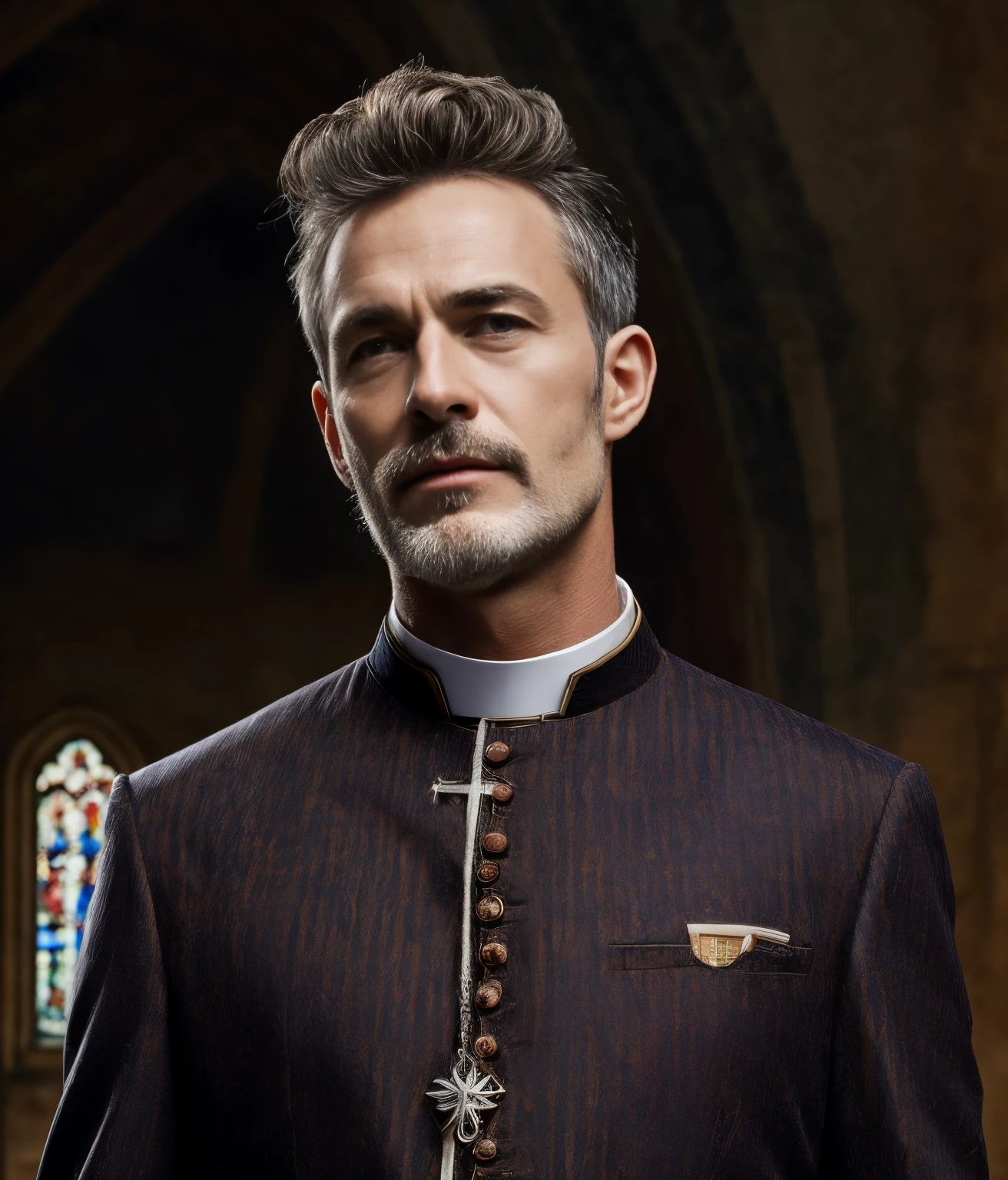 masterpiece, best quality, high resolution, closeup portrait, male focus, solo focus, A man, 50 years old, with priest uniform, priesf suit, priest father, silver grey hair, messy hairstyle, cute and seductive face, bare chest, body hair, facial hair, roman nose, scruffy, hairy abs,  skinny body, hairy legs, dimples, beard, bold jawline , in the background a church back room,  view from below, amazing composition, front view, HDR, ultra quality, elegant, highly detailed, sexual tension, seductive