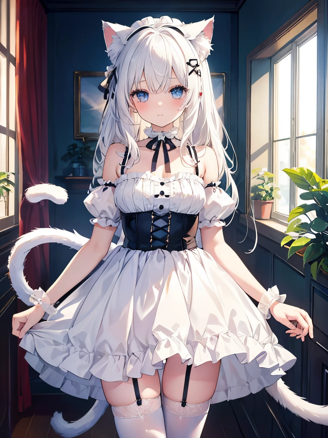 masterpiece, {{{{Highest quality}}}}, beautiful,1 girl, White_hair, cat ears(White), cat tail(White), frilled choker、miniskirt_dress, bare_shoulders, garter belt,garter straps