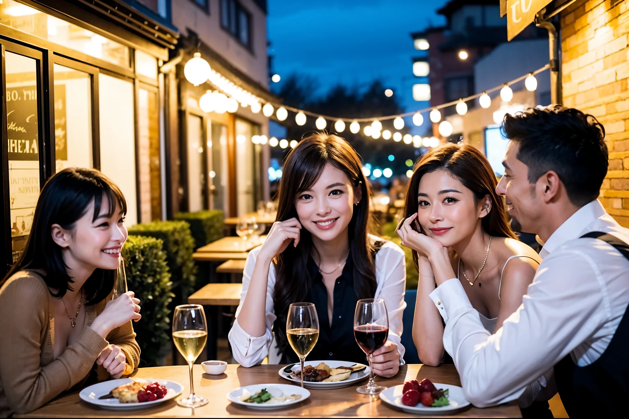 64k, UHD, highest quality, masterpiece: 1.2), (realistic, photorealistic: 1.37), Super detailed, celebration party、beauty、charming、beautiful mature woman、3 women who love wine、three men、champagne、Sparkling wine、winter night、restaurantでワイン宴会、(slimな男女4名),(Wine party for 5 people)、(slimフェイス),Happy、 最高なsmile、Fox Face、Raccoon face、Berry Short、(because I'thin), (brown hair), (shortcut), long sleeve shirt、winter fashion、Colombia、Brazilian、Japanese、Dutch、German、Portuguese、Belgian、Italian、french, (gushing), (slimボティ), (brown hair), (shortcut), 端正なbeauty、cheeks blush a little, (41 years old), 38 years old, 35 years old、32 years old、 A beautiful and detailed night view spreads out outside the window......, restaurant, wine glassが座っている, At night, in a prominent place (from the Upper body) nova frog style, actress, model, Upper body, White wine, slim, wine glass, Very beautiful night view, wine glass Put in the Middle, Happy smile, (smile: 1.15),