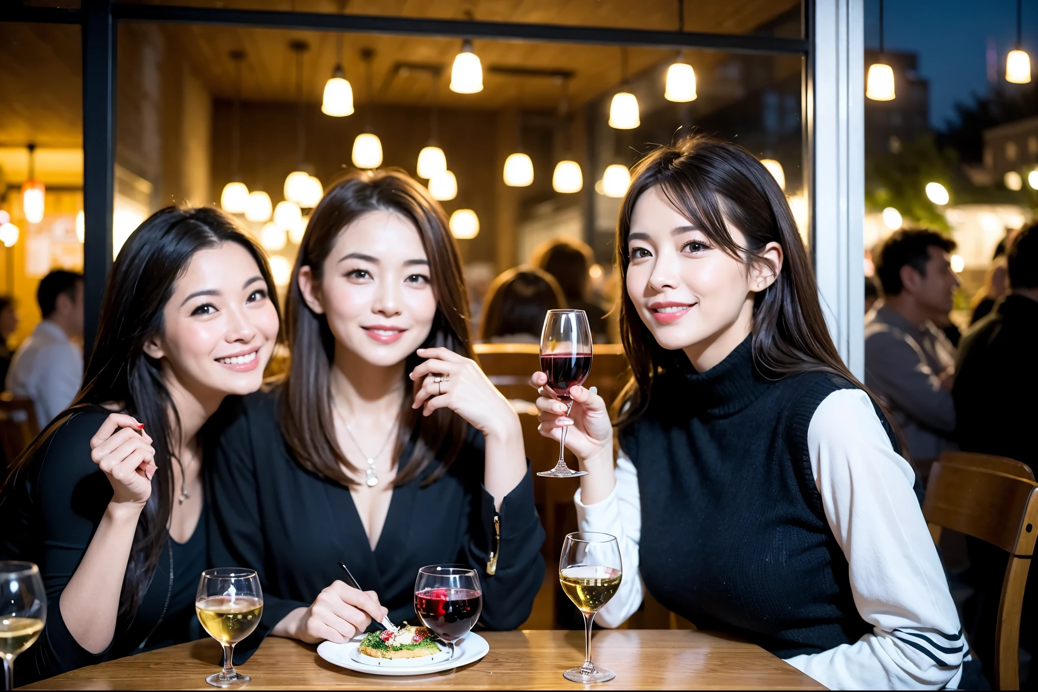 64k, UHD, highest quality, masterpiece: 1.2), (realistic, photorealistic: 1.37), Super detailed, celebration party、beauty、charming、beautiful mature woman、3 women who love wine、three men、champagne、Sparkling wine、winter night、restaurantでワイン宴会、(slimな男女4名),(Wine party for 5 people)、(slimフェイス),Happy、 最高なsmile、Fox Face、Raccoon face、Berry Short、(because I'thin), (brown hair), (shortcut), long sleeve shirt、winter fashion、Colombia、Brazilian、Japanese、Dutch、German、Portuguese、Belgian、Italian、french, (gushing), (slimボティ), (brown hair), (shortcut), 端正なbeauty、cheeks blush a little, (41 years old), 38 years old, 35 years old、32 years old、 A beautiful and detailed night view spreads out outside the window......, restaurant, wine glassが座っている, At night, in a prominent place (from the Upper body) nova frog style, actress, model, Upper body, White wine, slim, wine glass, Very beautiful night view, wine glass Put in the Middle, Happy smile, (smile: 1.15),