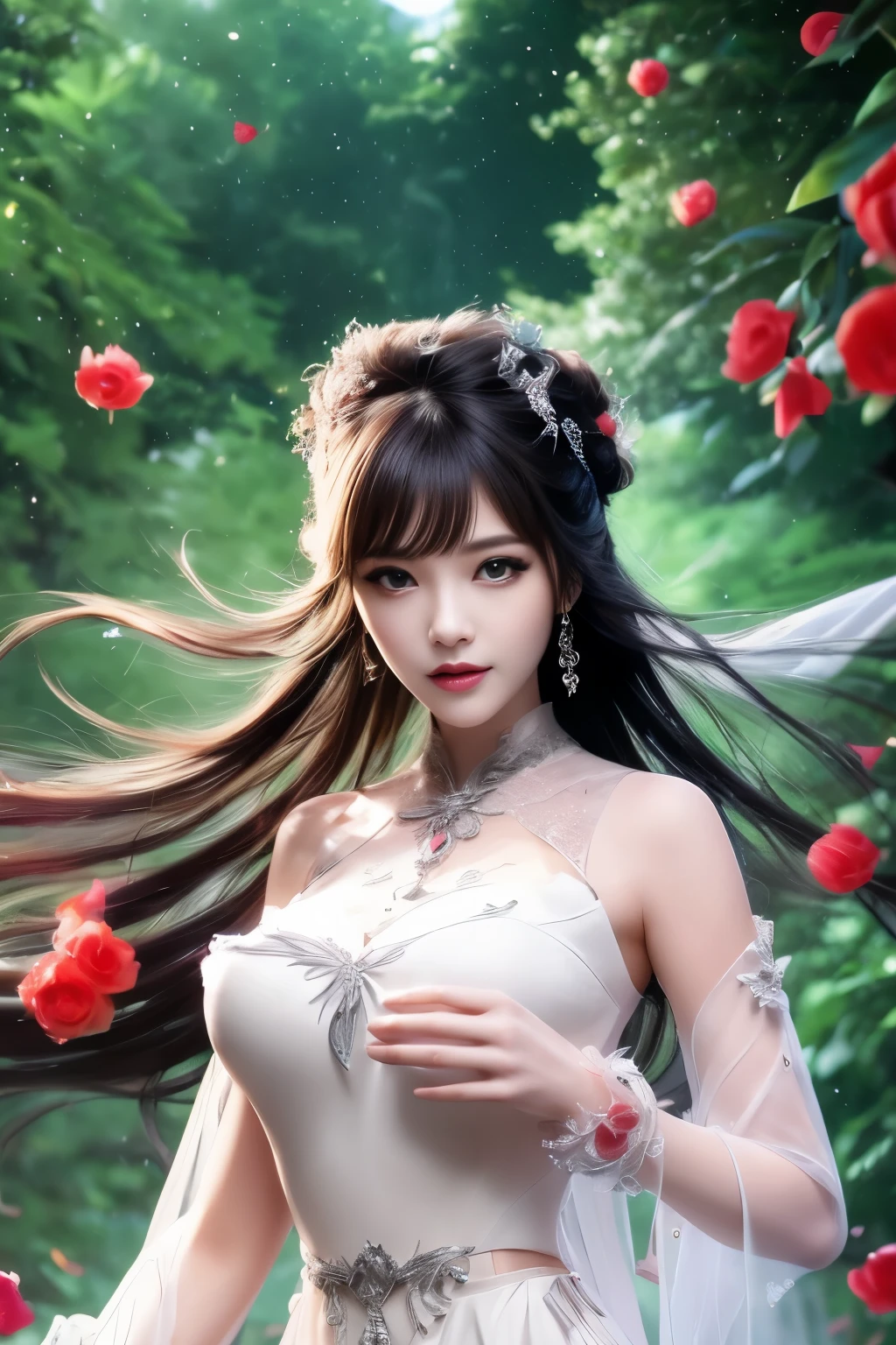 8k ultra hd, mastermiece, a girl, good face, detailed, eyes, beautiful lips, very hong hair, spreading hair, medium breasts, wedding dress, white dress, in the park, flying birds, blowing winds, clear weather, whole body capture,