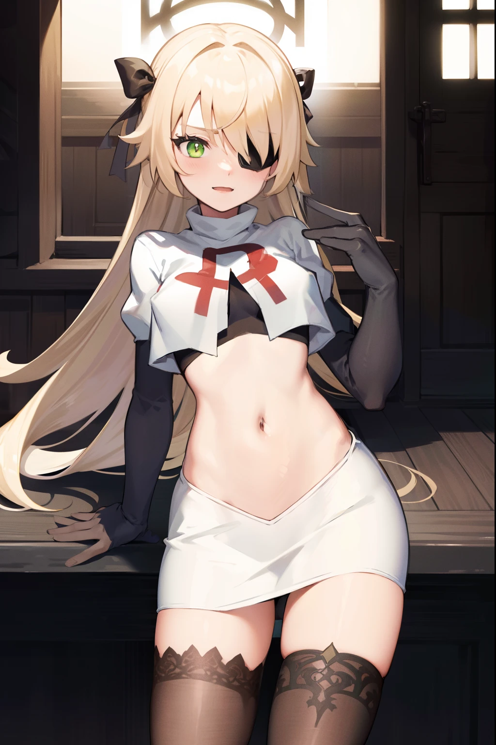 absurdres, fischl (dunkelnacht sakrament) (genshin impact), green eyes, (white pupils:1.2), fischl (genshin impact), medium_breasts, blonde hair, eyepatch, long hair, hair over one eye, bangs, hair ribbon, small breasts, 1girl, team rocket,team rocket uniform,white skirt,red letter R,crop top,black thigh-highs,black elbow gloves, laughing, happy, blush