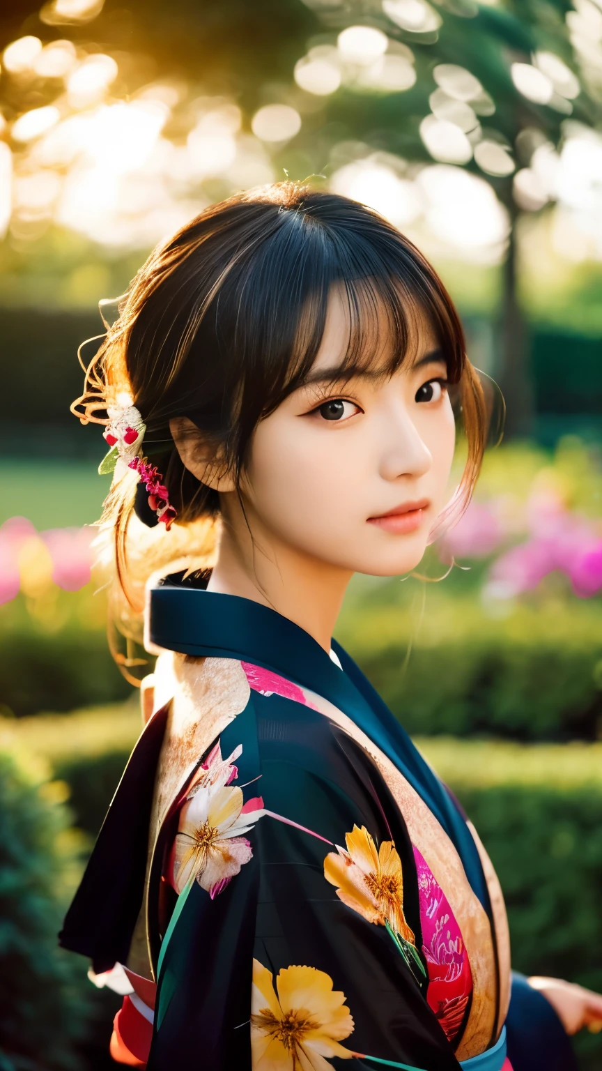 Beautiful Japanese supermodel woman, A lock of hair with slight highlights, black eyes, mixed media, Sexy，garden background，Gorgeous kimono , Liquid color flows across her face, sunset，Photographed by Wang Luodan