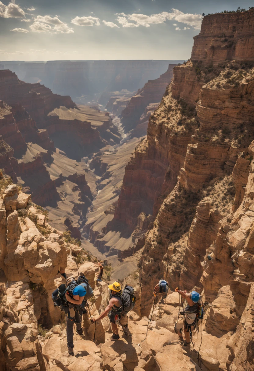 Climbers, high vertical rock walls, harnesses, roped bodies, the vast Grand Canyon in the distance, the best picture quality,
