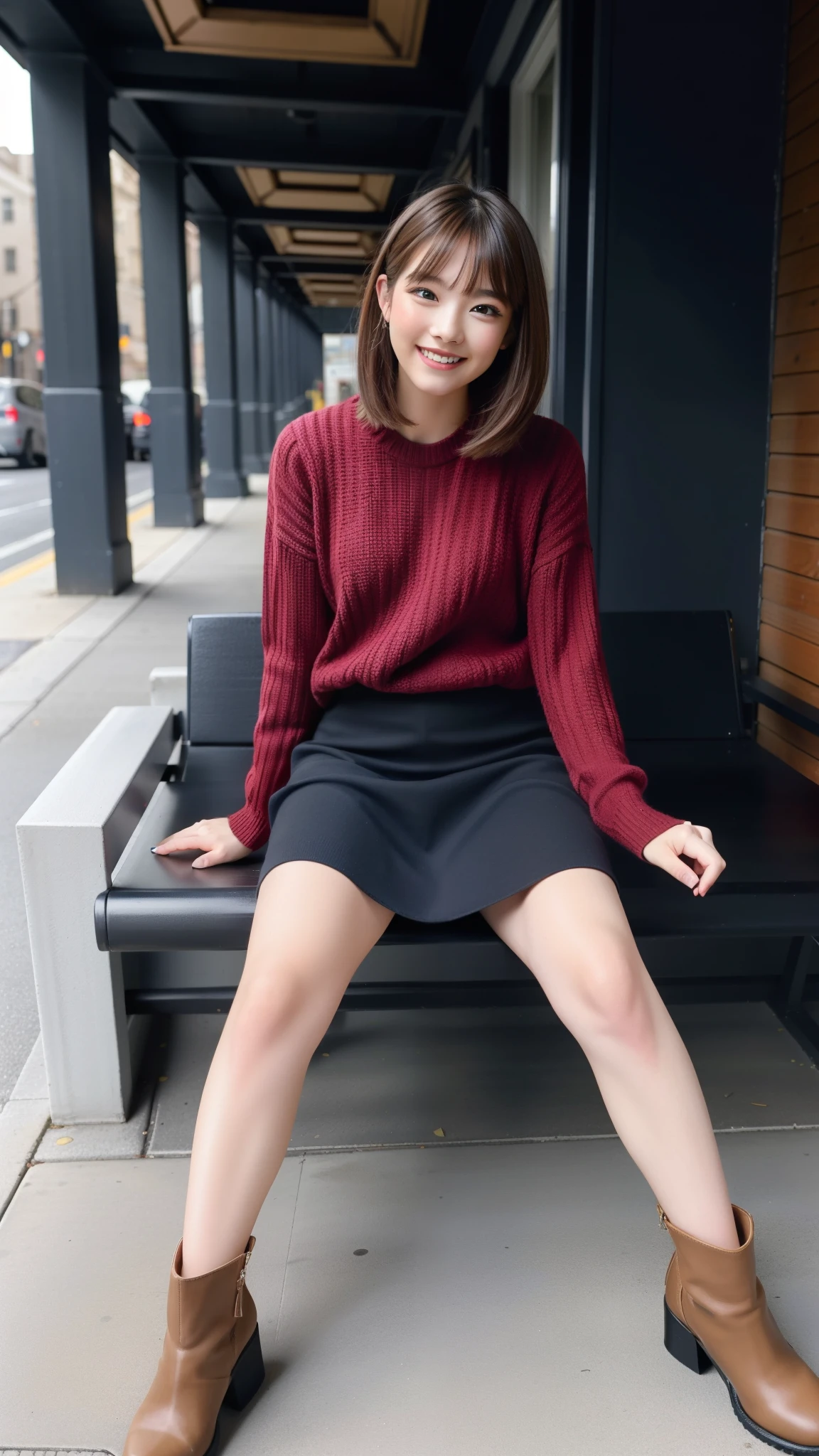 Photo taken by a professional photographer,laughter:1.5,Close-up of a woman squatting on the sidewalk, wearing a sweater, Short-cut brown hair, hair is disheveled,young and cute girl, Wearing a flared skirt,Wear stylish boots,sit on a park bench:1.5,Fancy makeup with red eyeshadow,