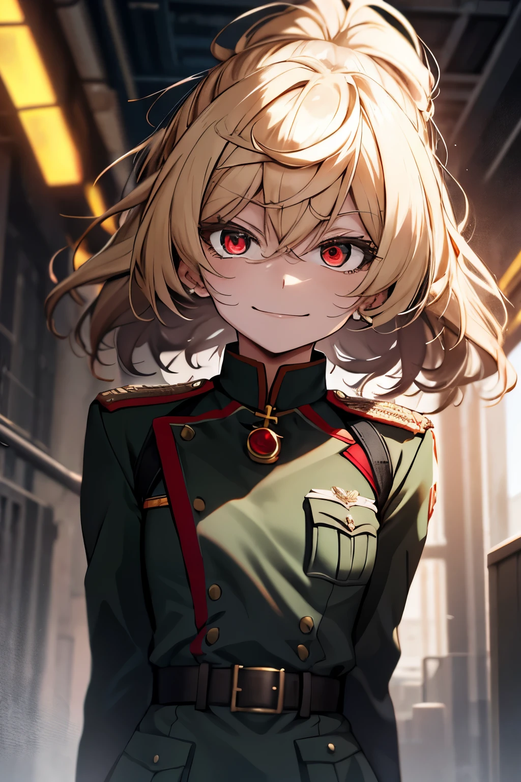 (masterpiece, best quality: 1.1), 1girl solo, tanya, 1girl, solo, , flat chest, small breasts, curvy, military, military uniform, ,, evil smile, wicked expression, anger, red eyes, neutral lighting