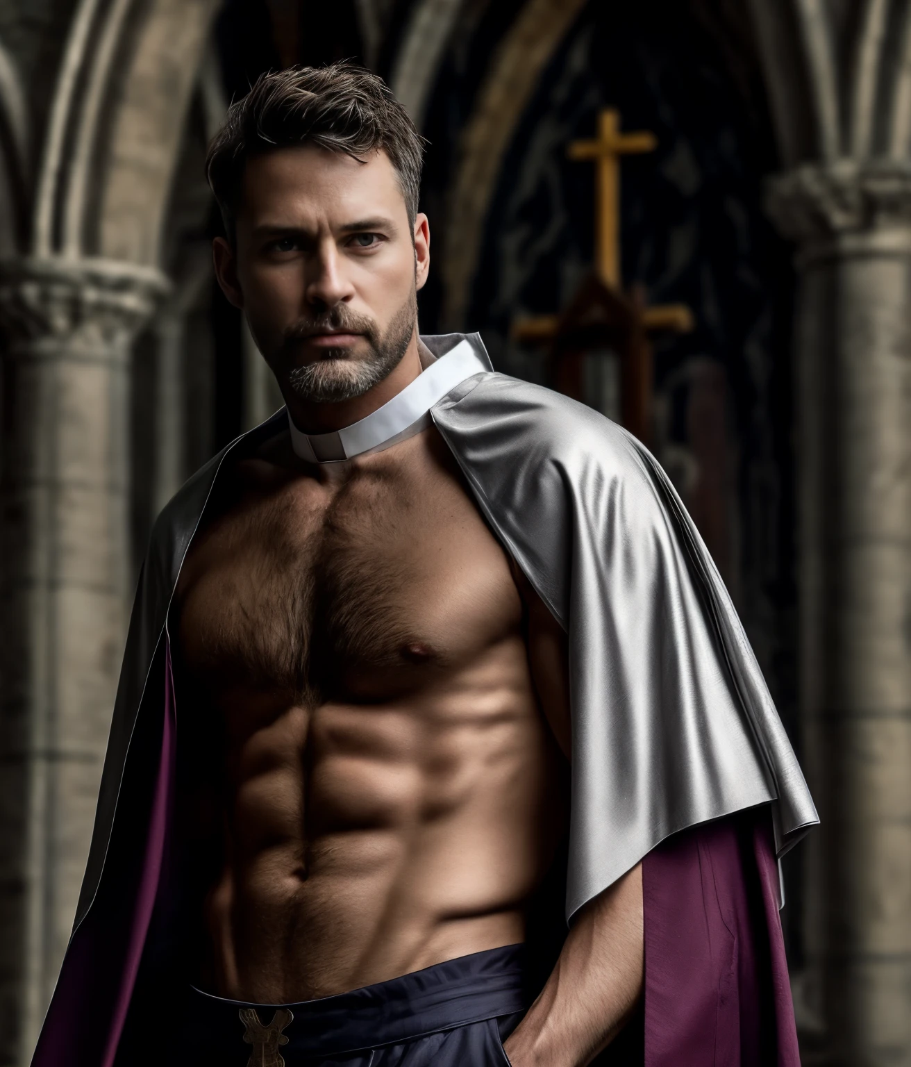 masterpiece, best quality, high resolution, closeup portrait, male focus, solo focus, A man, 40 years old, with priest uniform, priesf suit, priest father, silver grey hair, messy hairstyle, cute and seductive face, bare chest, body hair, facial hair, roman nose, scruffy, hairy abs, skinny body, hairy legs, dimples, beard, bold jawline , in the background a church back room, view from below, amazing composition, front view, HDR, ultra quality, elegant, highly detailed, sexual tension, seductive