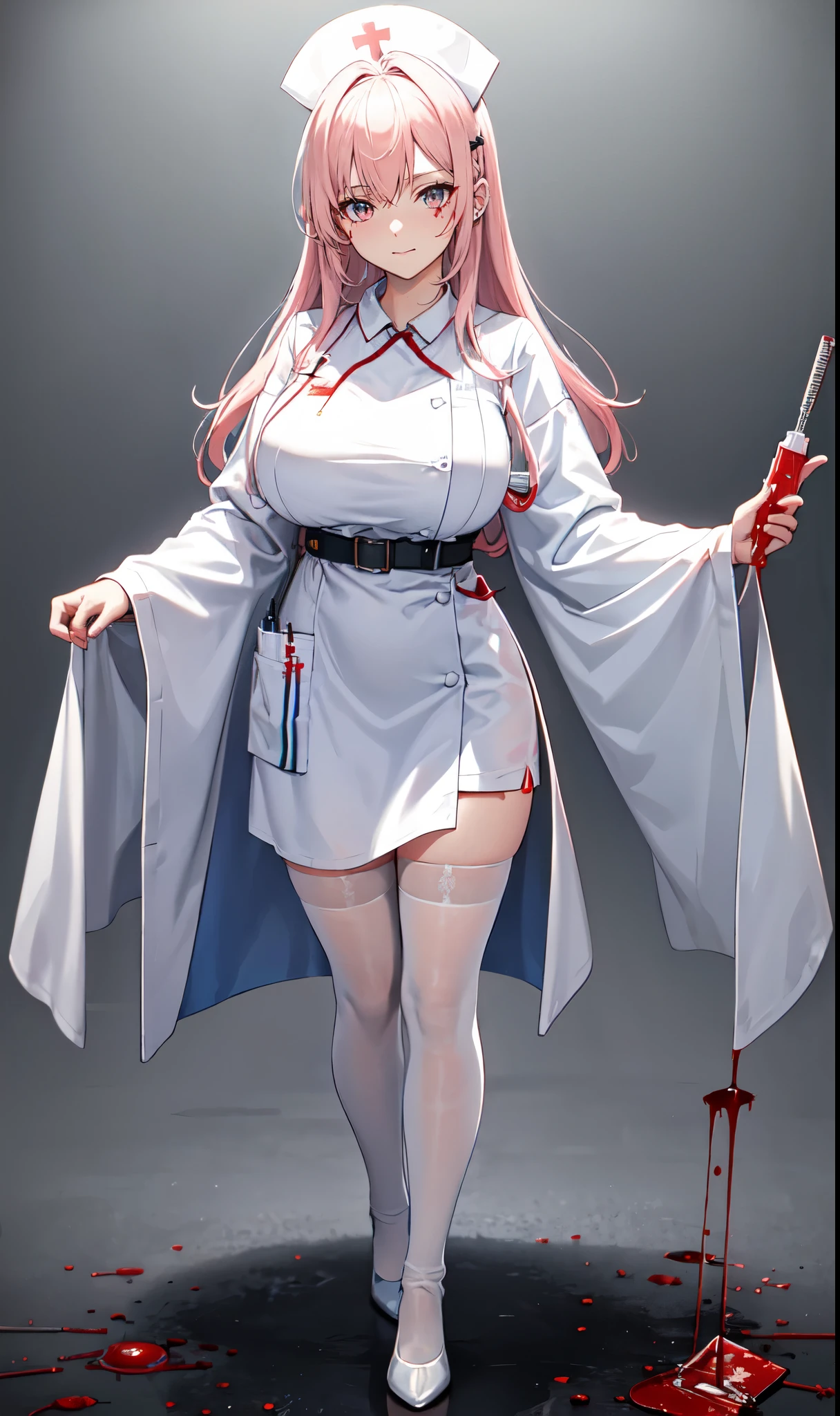 White hospital ward background,Hanging bottle,blood transfusion,light pink hair,Standing close-up,dream world,Sister nurse,(Handheld needle tube),Messy hair,Elongated danphoenix eyes,(white nurse,Handheld needle tube,Loose white nurse gown,Scars and blood stains on clothes:2.0),(big breast)Background of blood bag decoration,(Pure white ward:1.9),Yandere nurse sister,white stockings,High heel,Detailedly drawn backgrounds
