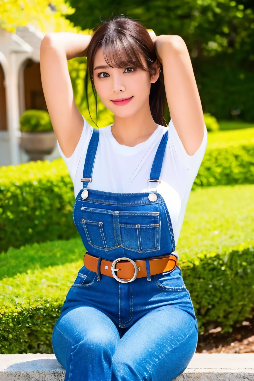 ​masterpiece、top-quality、The ultra -The high-definition、、colourfull、flat-colors、depth of fields、lens flare 1 girl、、A dark-haired、watching at viewers　　　Black Cutter Shirt　a belt　black suspenders　Social OL　　　ample bosom　JINS　jeans　 Face sitting
Waiting to start　 Armpit sweat　perspiring　Side of both hands　huge-breasted　Interparial