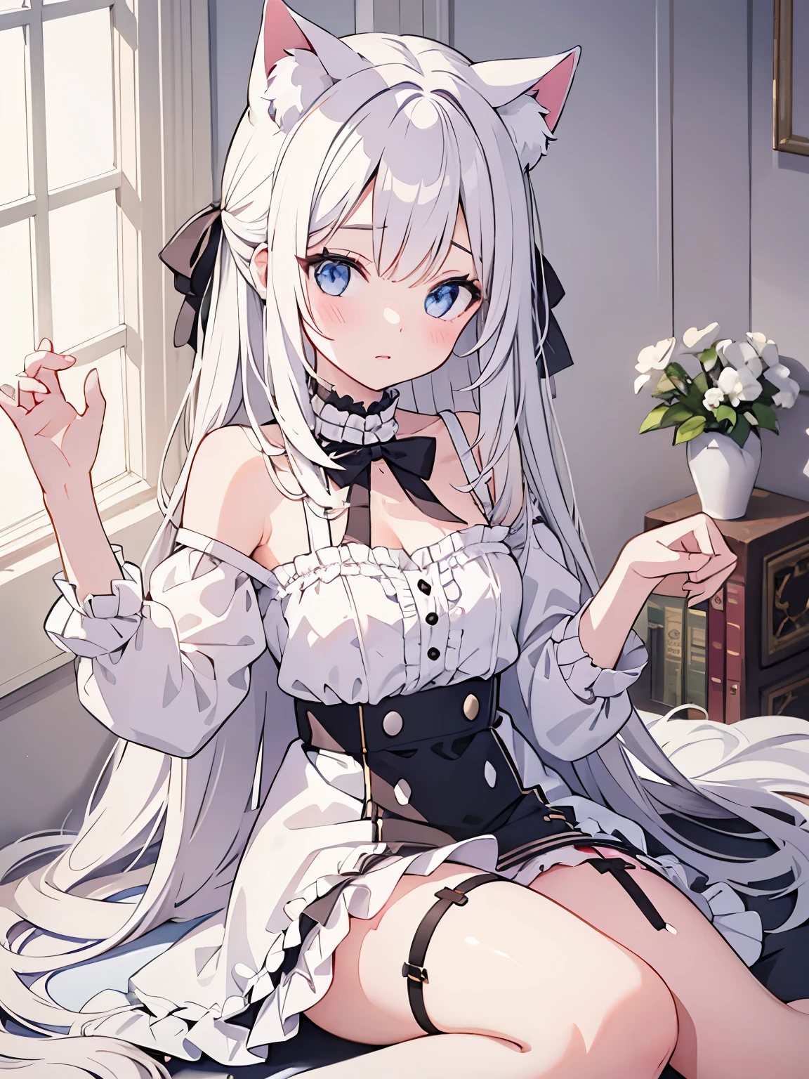 masterpiece, {{{{Highest quality}}}}, beautiful,1 girl, White_hair, cat ears(White), cat tail(White), frilled choker、miniskirt_dress, bare_shoulders, garter belt,garter straps