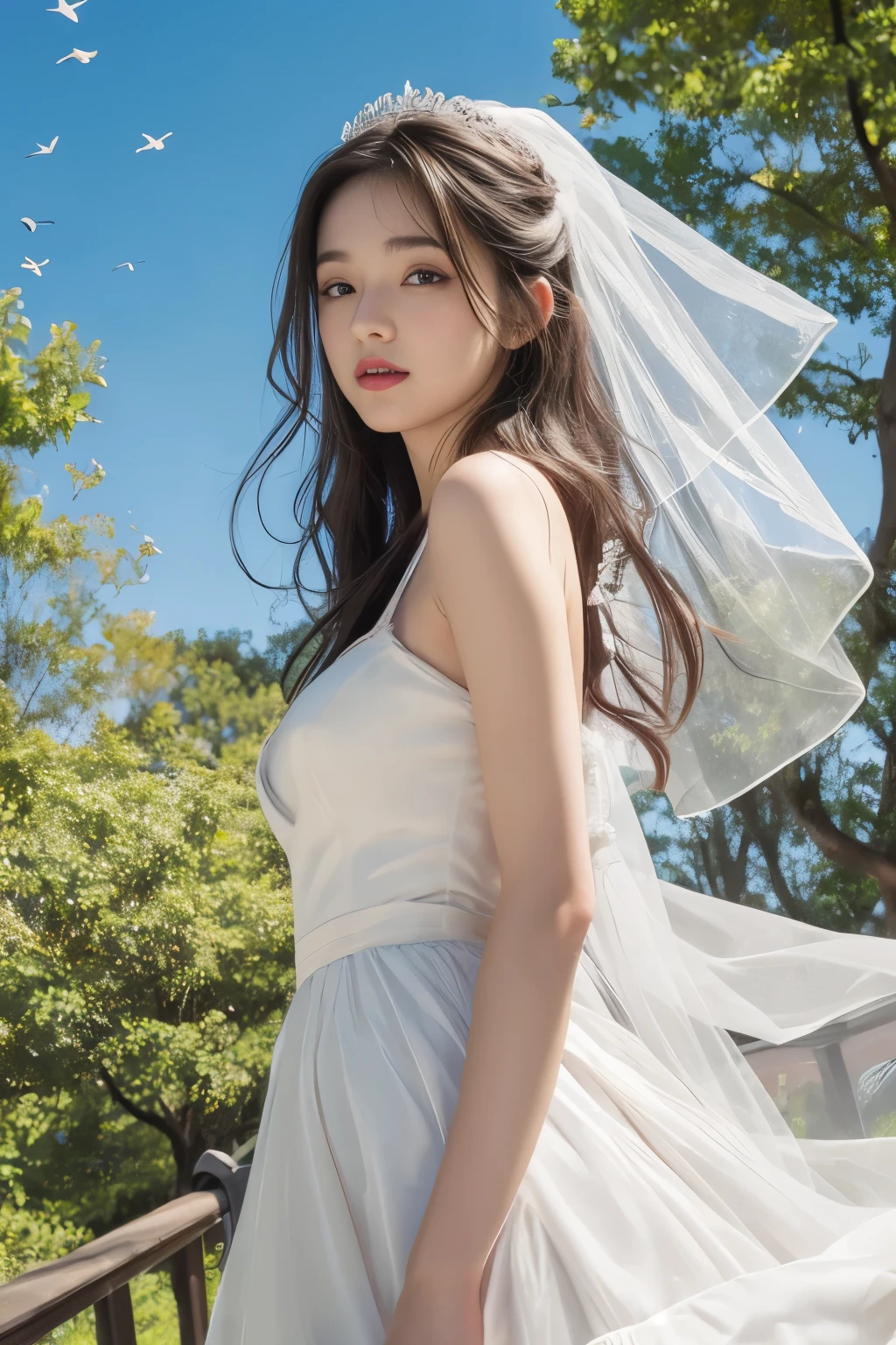 8k ultra hd, mastermiece, a girl, good face, detailed, eyes, beautiful lips, very hong hair, spreading hair, medium breasts, wedding dress, white dress, in the park, flying birds, blowing winds, clear weather, whole body capture,