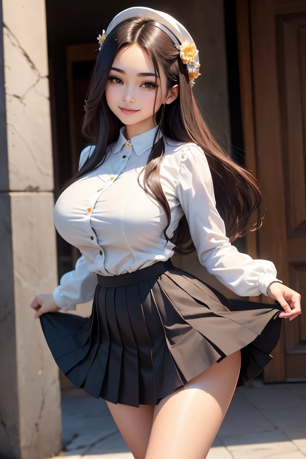 Superior image quality、high resolution、A detailed face、Mexican women in perfect style、affectionate smile、pleated skirt、tight skirts、a miniskirt、long skirt、big breasts thin waist、slender legs thighs
