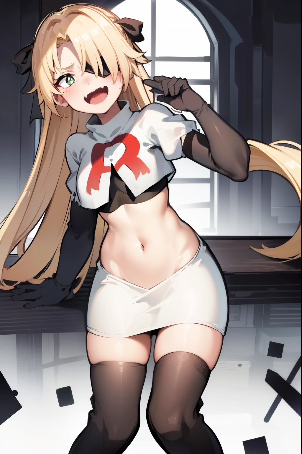 absurdres, fischl (dunkelnacht sakrament) (genshin impact), green eyes, (white pupils:1.2), fischl (genshin impact), medium_breasts, blonde hair, eyepatch, long hair, hair over one eye, bangs, hair ribbon, small breasts, 1girl, team rocket,team rocket uniform,white skirt,red letter R,crop top,black thigh-highs,black elbow gloves, laughing, happy, blush