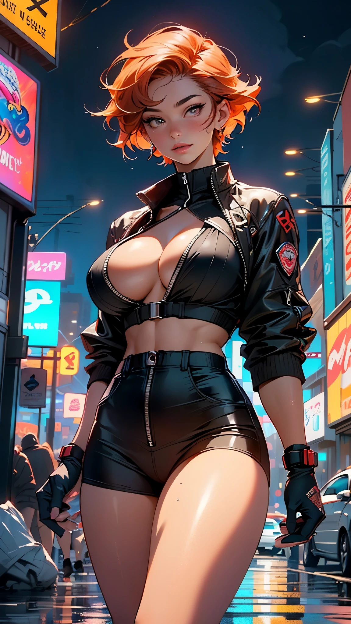 mechanical girl,(1girl:1.3),((1 black girl with extremely cute and beautiful red hair)),((((black race)))),
(big breasts: 1.4),sagging breasts,(((short red hair: 1.35,cropped,redhead,very short hair))),((heterochromia:1.5, (orange_eye and red_eye))),intricate eyes,beautiful detailed eyes,symmetrical eyes,(fat),((((tan,dark skin,black skin:1.35,dark-skinned_female,dark skin:1.3,ebony skin,lustrous skin:1.5,bright skin: 1.5,shiny skin,very shiny skin,shiny body,illuminated skin,wet legs)))),(spider lower abdomen,narrow waist,wide hip ,athletic body,inflated legs, thick thighs,detailed body,(detailed face)),((muscle legs)),((muscular thighs)),((muscular girl)),((strong and muscular,bodybuilder,strong body,muscular,feminine and muscular)),((ABS)),(huge stature,tall stature,very tall girl),
cute,slutty,sensual,seductive look,seductive,erotic,((nsfw)),
(fitted overalls:1.3,suit unbuttoned),((mechanical tools on his clothing,cyberpunk clothes)),(((huge cleavage))),((wet clothes,intricate outfit,intricate clothes)),
(dynamic pose:1.0),embarrassed,(centered,scale to fit dimensions,Rule of thirds),
cyberpunk city by the ocean at night, with bright neon signs and dark stormy clouds and puddles, scenery:1.25,nighttime, starry night, cosmos,Very dark night that makes the neon lights stand out, very bright neon lights,nighttime, starry night, cosmos,
artistic photography,(photography taken by sldr),highres, sharp focus,(ultra detailed, extremely detailed), (photorealistic artwork:1.37),(extremely detailed CG unity 8k wallpaper),((synthwave background theme)),(((vibrant colors))),intricate,(intricate background),(masterpiece),(best quality),perfect rendered face,perfect face details,realistic face,photo realistic,analog style,((intricate detail)),(((realism))),