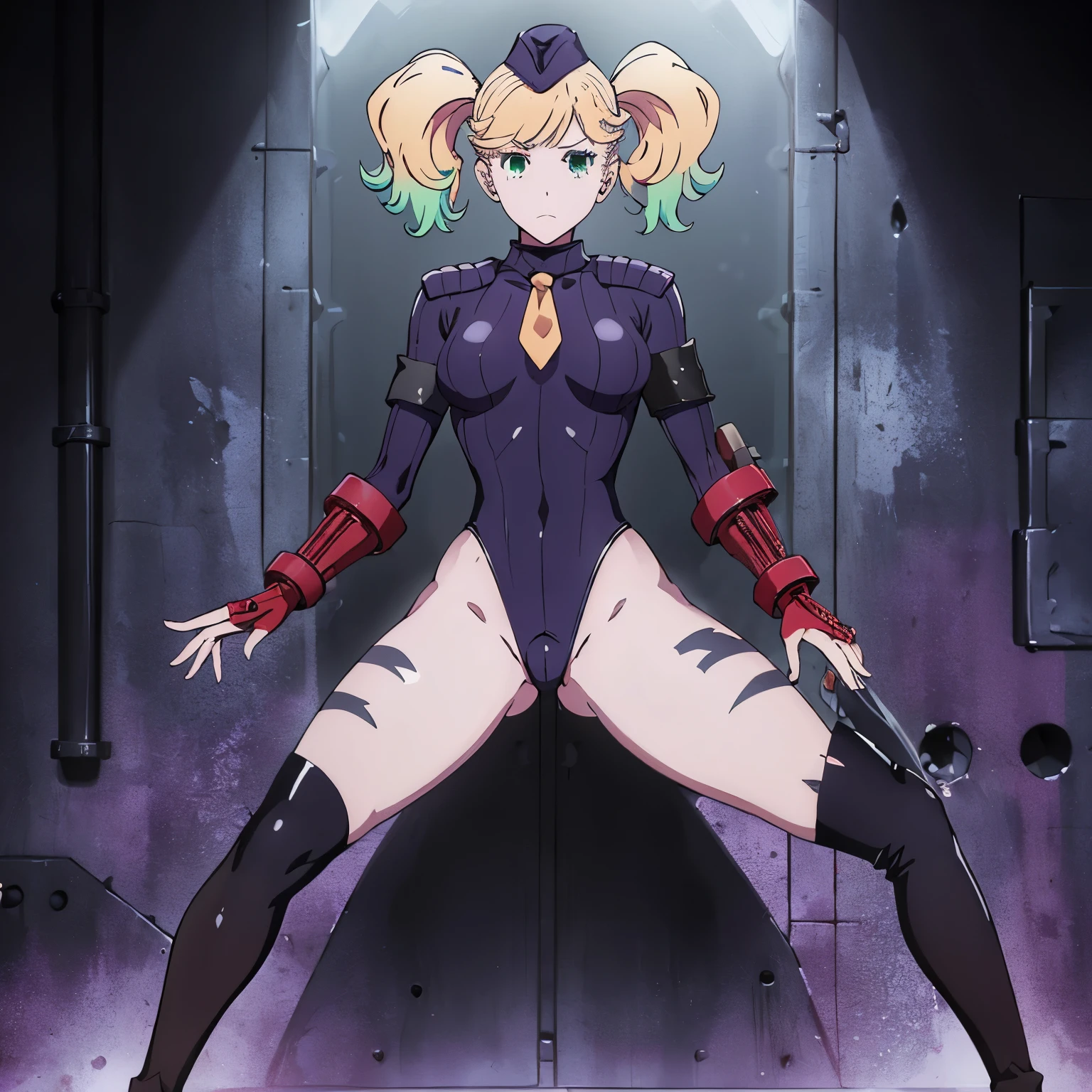 ultra-detailed, Explicit, Beautiful body, Beautiful Nose, Beautiful character design, perfect eyes, perfect face, ultra highres, 4K, beautiful legs, perfect legs, Nice hands, Perfect hand, Masterpiece, Best Quality, Highly detailed, illustration, absurdres, perfect anatomy, street fighter, doll suit, shadaloo doll, dollsuit, expressionless, blank eyes, looking at viewer, red gloves, emotionless, black latex, corruption, mind control, female combatant, full body, hypnotized, unhappy trance, full body suit, ribbed bodysuit, both arms at side, obey, perfect female body, extremely glossy latex, hypnosis, hypnoLora, empty eyes, Blank eyes, Mind control device, poses, submissive_pose, Slave, stand up straight, standing, standing at attention, hat, necktie, belt, latex, ribbed bodysuit, thighhighs, garter belt, Fighting Stance, extending the right arm from the shoulder into the air with a straightened hand, military, thigh boots, 1girl, hair ornaments, blonde hair, green hair, multicolored hair, green eyes, small breasts, twintails, (((pixel-perfect, detail-perfect))), solo, 1girl, Sarasa Watanabe, very tall