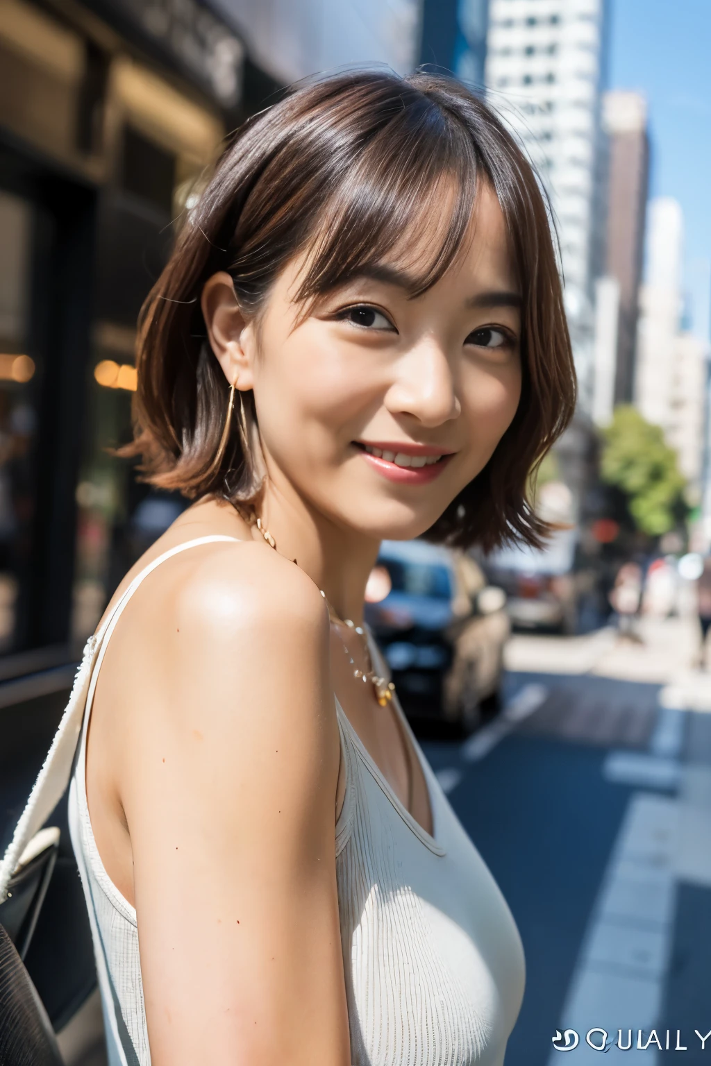 ((Best quality, 8k, Masterpiece :1.3)), armpit, Japanese hot milf worker with horny body, pubic hair, Ultra-detailed face, Detailed eyes, Double eyelid, smiling, a coquettish look, bob hairstyle, wearing a white cami sole, and pants, necklace and earrings, in a big city, outdoor,
