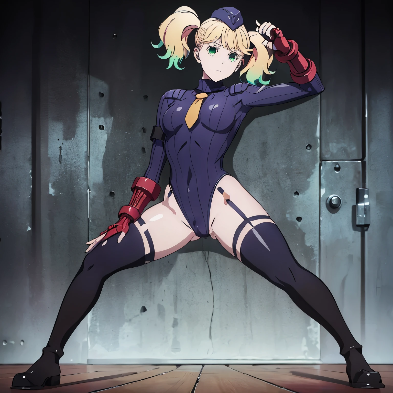 ultra-detailed, Explicit, Beautiful body, Beautiful Nose, Beautiful character design, perfect eyes, perfect face, ultra highres, 4K, beautiful legs, perfect legs, Nice hands, Perfect hand, Masterpiece, Best Quality, Highly detailed, illustration, absurdres, perfect anatomy, street fighter, doll suit, shadaloo doll, dollsuit, expressionless, looking at viewer, red gloves, emotionless, black latex, corruption, mind control, female combatant, full body, hypnotized, unhappy trance, full body suit, ribbed bodysuit, both arms at side, obey, perfect female body, extremely glossy latex, hypnosis, hypnoLora, empty eyes, Blank eyes, Mind control device, poses, submissive_pose, Slave, lying down straight, lying down, lying down at attention, hat, necktie, belt, latex, ribbed bodysuit, thighhighs, garter belt, Fighting Stance, extending the right arm from the shoulder into the air with a straightened hand, military, thigh boots, 1girl, hair ornaments, blonde hair, green hair, multicolored hair, green eyes, small breasts, twintails, (((pixel-perfect, detail-perfect))), solo, 1girl, Sarasa Watanabe, very tall