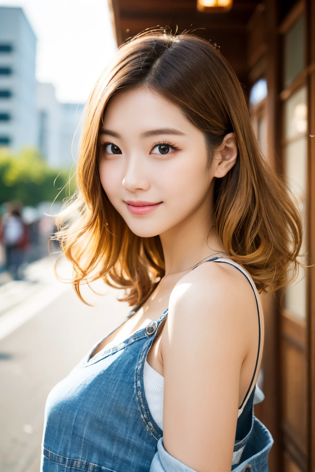 studio light, depth of field, upper body, slender, cute face, smile, beautiful details eyes, 19yo japanese, pretty, Voluminous curls with warm blonde color, Plaza, casual