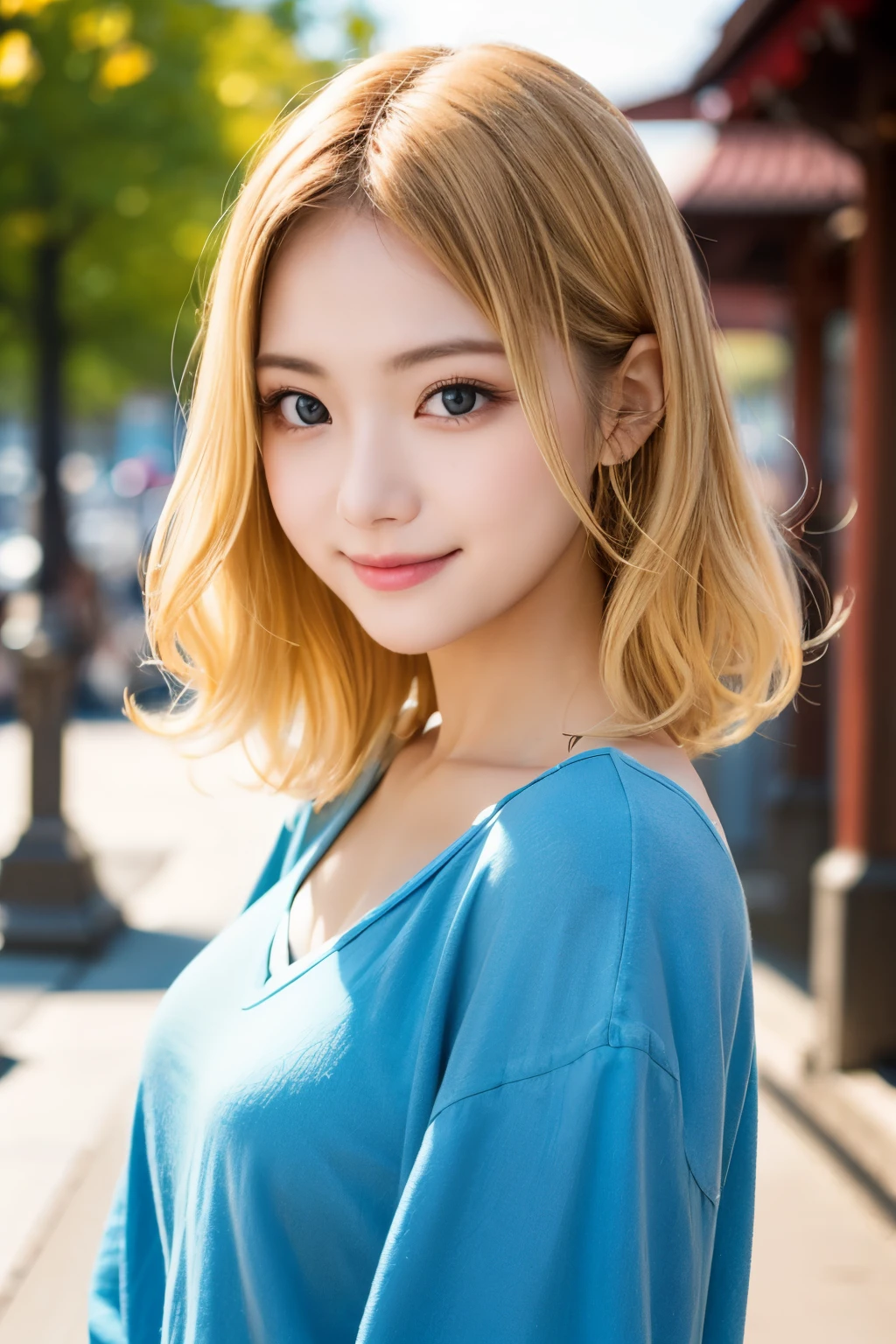 studio light, depth of field, upper body, slender, cute face, smile, beautiful details eyes, 19yo japanese, pretty, Voluminous curls with warm blonde color, Plaza, casual
