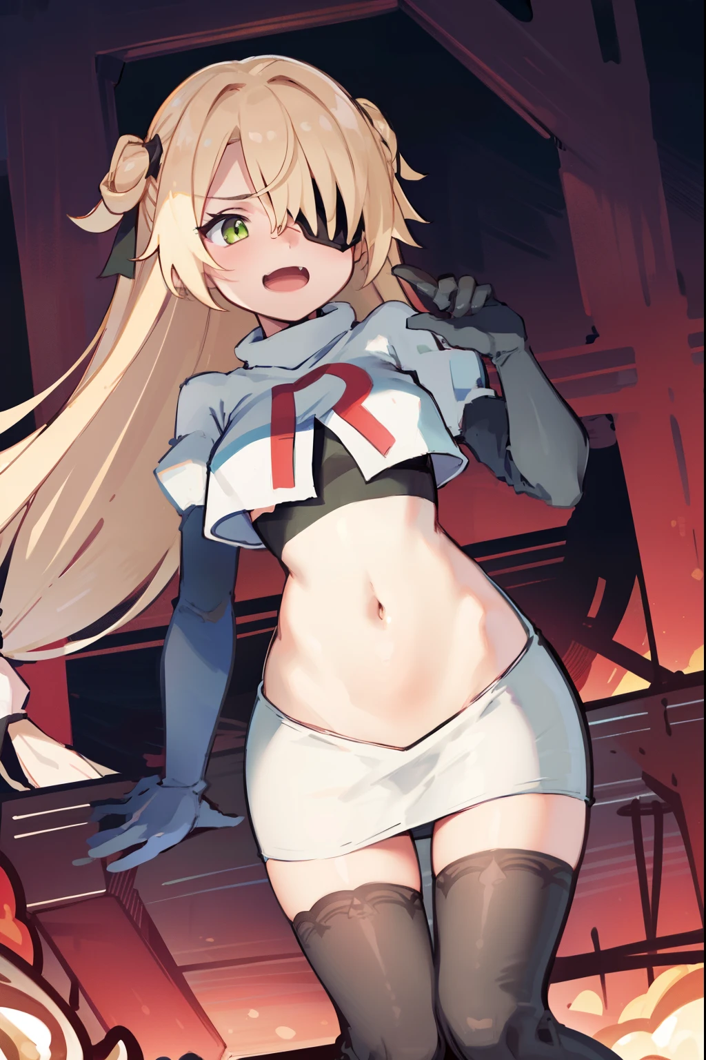 absurdres, fischl (dunkelnacht sakrament) (genshin impact), green eyes, (white pupils:1.2), fischl (genshin impact), medium_breasts, blonde hair, eyepatch, long hair, hair over one eye, bangs, hair ribbon, small breasts, 1girl, team rocket,team rocket uniform,white skirt,red letter R,crop top,black thigh-highs,black elbow gloves, laughing, happy, blush