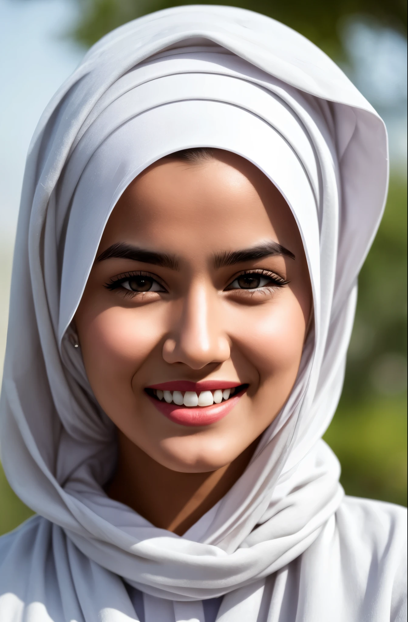 photograph of jg-jc0n, an effortlessl a very beautiful and cute girl from Pakistan, 20 years old, black eyes, sharp nose, thin lips, her face shines like an angel, wearing a modern cream colored hijab and white robe, (happy excited smile), photoreal, hyperrealism, best quality, (natural skin texture, highly detailed face), masterpiece, sharp focus, absurdres, by arny freytag