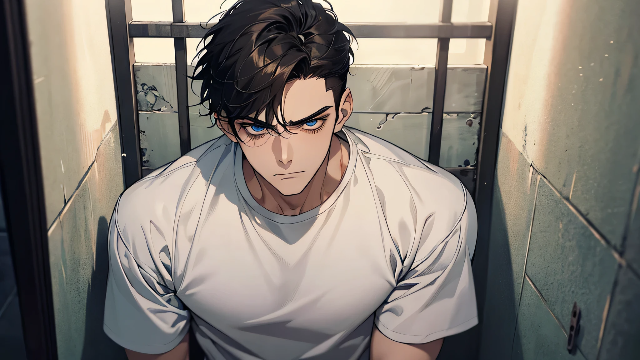 A Sad boy, there is 21 years old handsome guy,White T-shirt,black long pants,A gentle face,A dark-haired、sad face, frown, Eyes drawn in detail、a handsome、Cinematic power、detailed eyes, detailed face, detailed nose, in a prison, in a prison cell