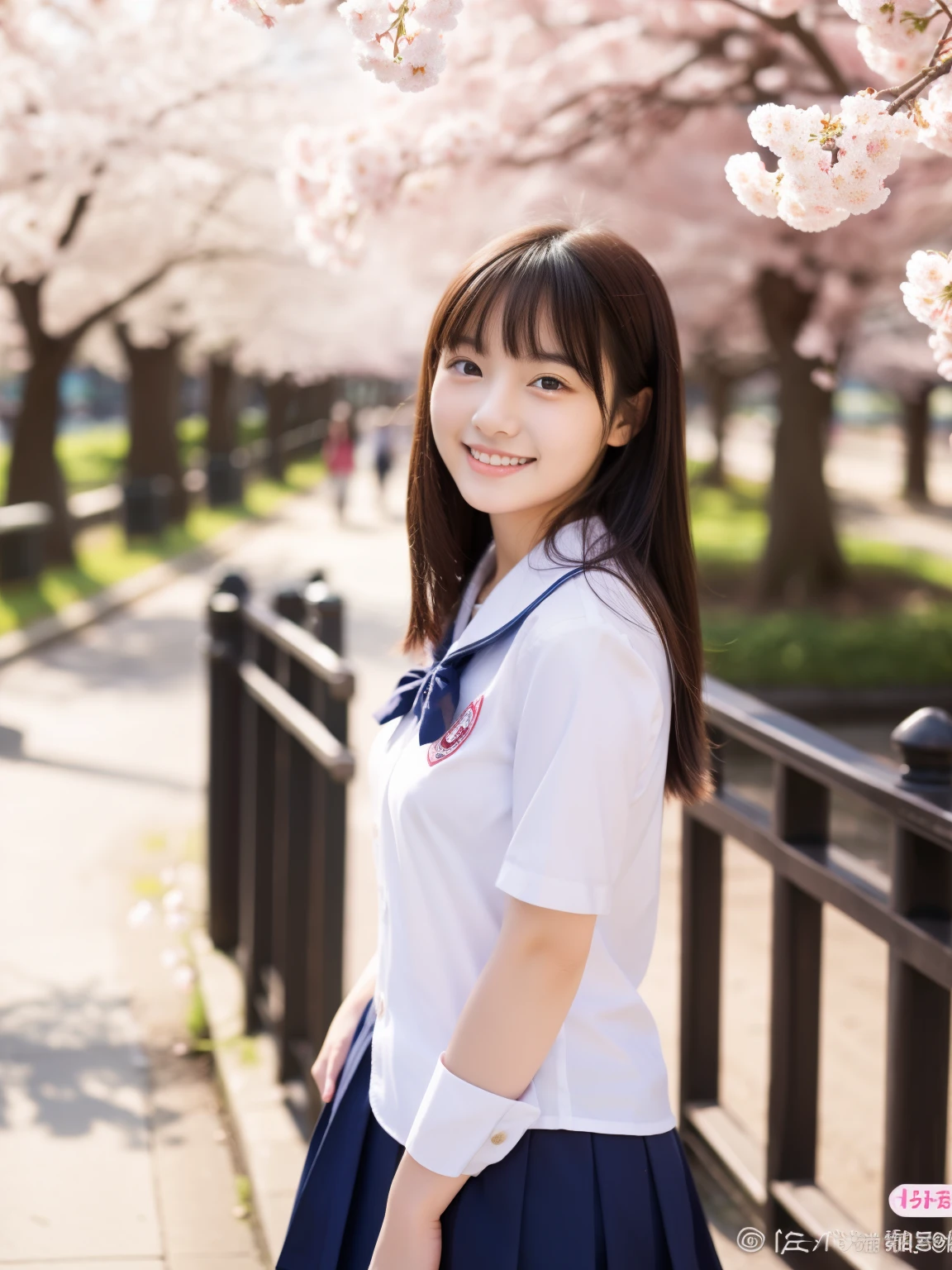 Beautiful woman、18-year-old 、full body shot、80 mm、small breasts、A sloppy smile、school uniform、Cherry blossom park