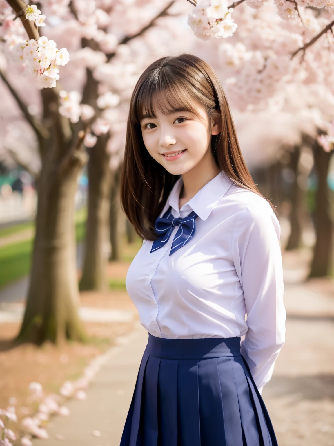 Beautiful woman、18-year-old 、full body shot、80 mm、small breasts、A sloppy smile、Are thin、school uniform、Cherry blossom park