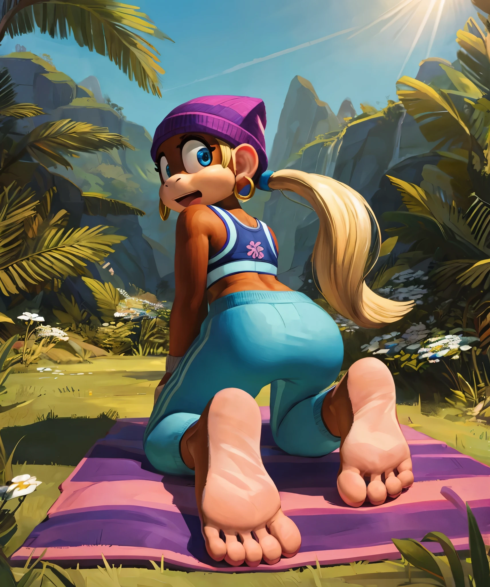 [Tiny Kong], [Uploaded to e621.net; (Pixelsketcher), (wamudraws)}, ((masterpiece)), ((HD)), ((high res)), ((solo portrait)), ((full body)), ((back view)), ((lower-angle view)), ((ground-up POV)), ((feet visible)), ((furry; anthro)), ((detailed fur)), ((detailed shading)), ((beautiful render art)), ((intricate details)), {anthro monkey; brown fur, (two nostrils), (cute blue eyes), (short eyelashes), blonde hair, twintails, (pink nails), (curvy hips), (beautiful legs), (beautiful feet), (humanoid feet), (surprised expression)}, {(blue sports bra), (white flower print on sports bra), (blue sweatpants), (purple beanie), (green stripes on beanie), (hoop earrings)}, {(on picnic blanket), (all fours), (looking back), (looking at viewer)}, [background; (tropical forest), (grass plains), (blue sky), (sun rays), (ambient lighting)]