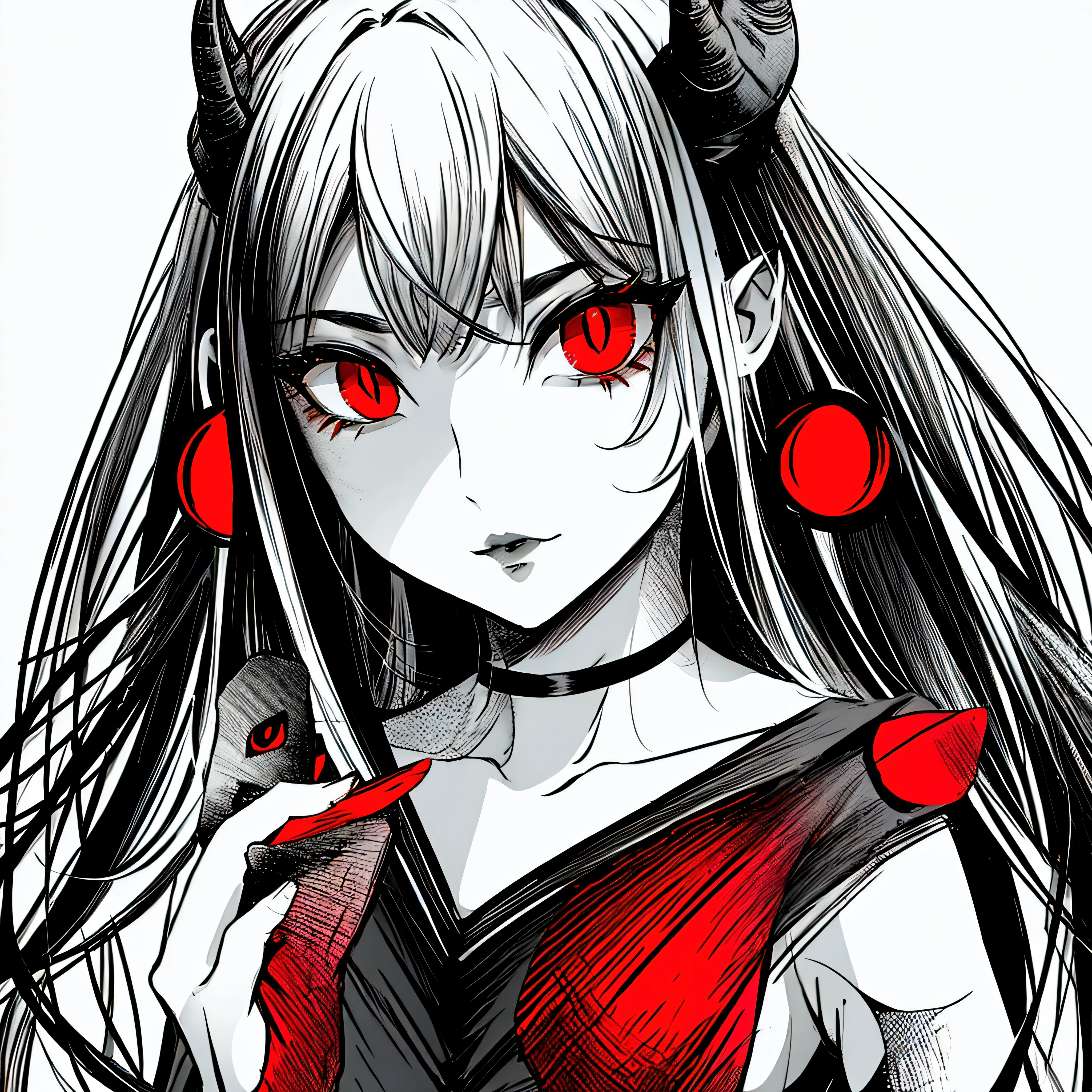 make a horror portrait of a devil horned girl with red eyes in black and white colors