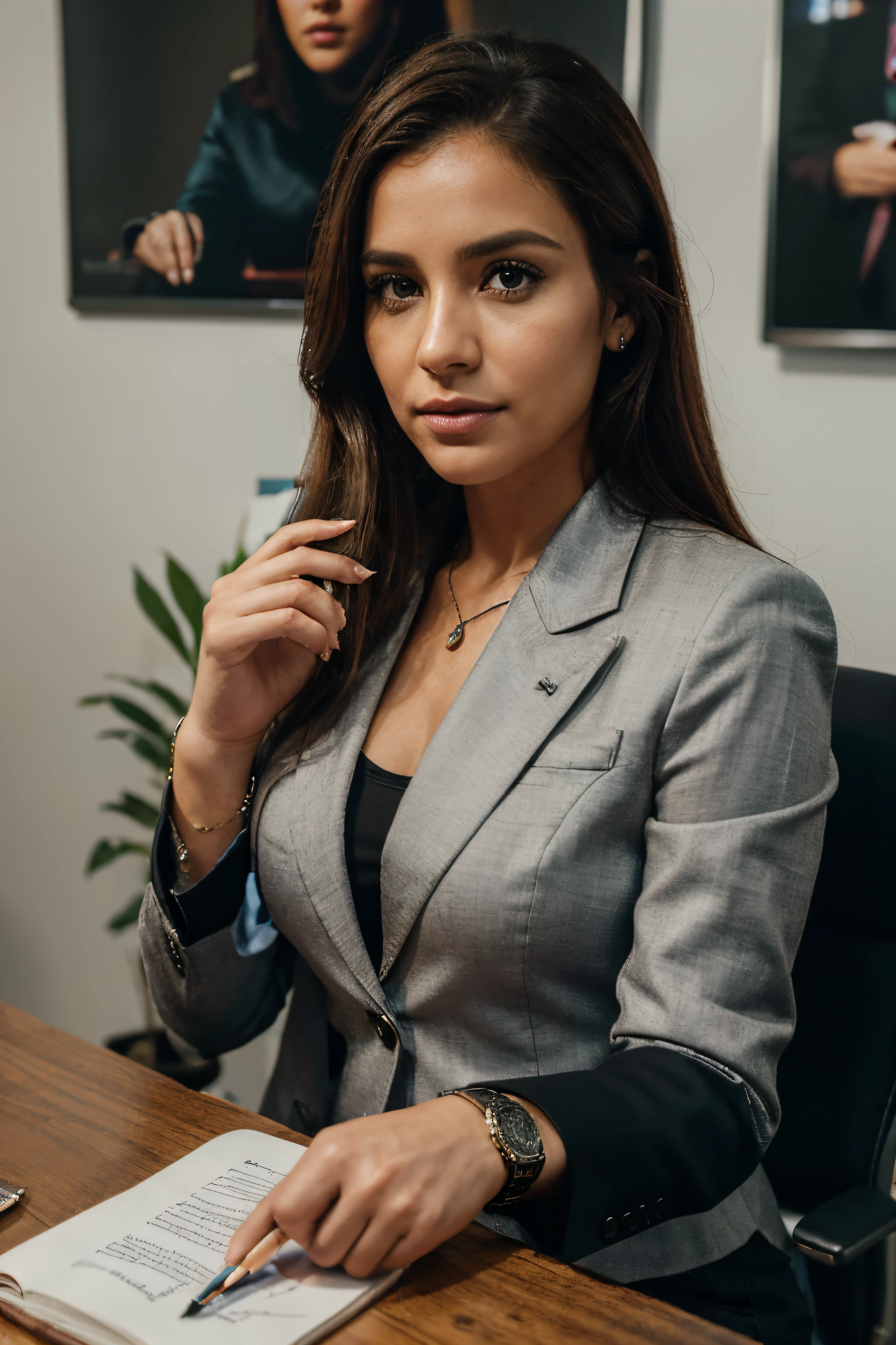 A detailed description of a 35-year-old woman, in an office:
(best quality,4k,8k,Altas,master part:1.2),ultra-detalhado,(Realistic,fotorrealista,photo-realistic:1.37),retrato,s office,pele branca,cabelo preto curto,olhos castanhos,belos olhos detalhados,Detailed lips,Traje profissional, blusa branca, Blazer Preto,wearing a watch, sentado em uma mesa,holding a notebook,drinking coffee,documentos em cima da mesa.
