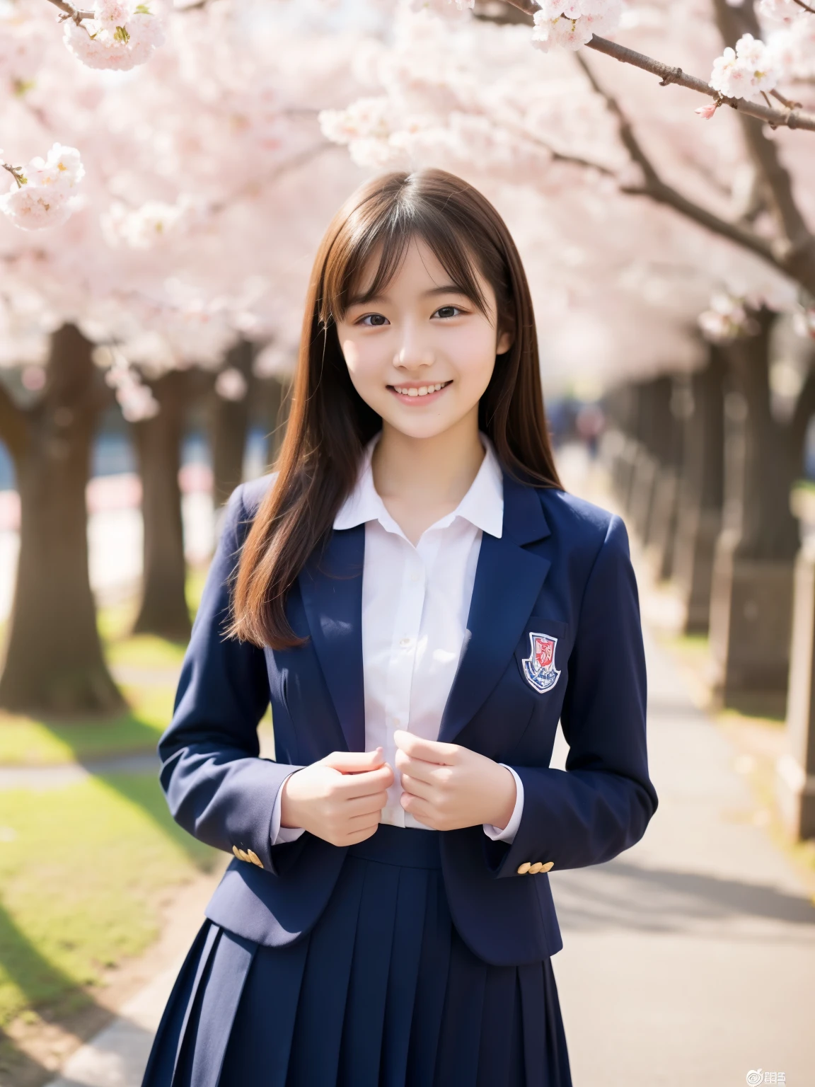 Beautiful woman、18-year-old 、full body shot、80 mm、small breasts、A sloppy smile、Are thin、school uniform、Cherry blossom park