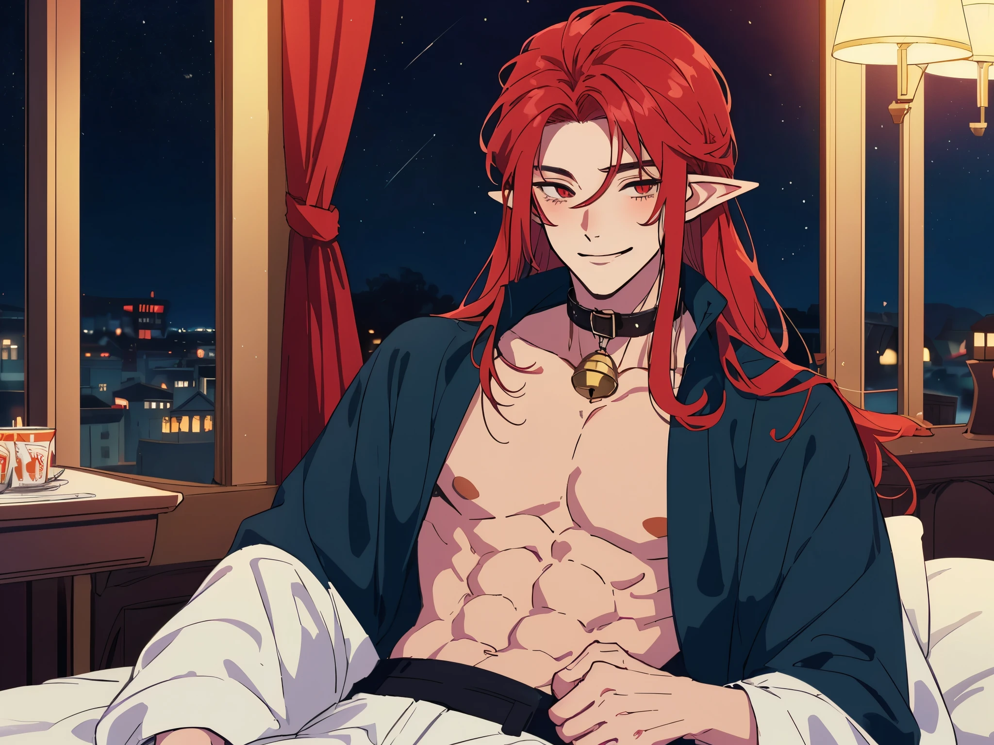 Man, (elf male), (Solo), 18-years-old, red eyes,(Red long hair),  (collar with bell), (smiling blush), (night), shirtless, (medieval tavern), anime, Bed with lamp, Bedroom background