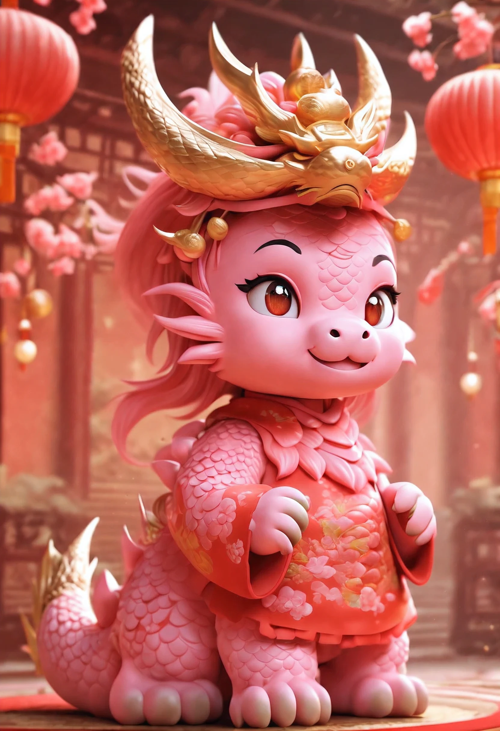 There is a pink dragon, Surrounded by auspicious clouds, Cartoon Cute, baby, There are gold and red decorations, 光滑的Chinese dragon, 8k octave rendering photo, colored zbrush render, Japanese mascot 3D model, Chinese Silk 3D Dragon, 3D rendering stylization, Chinese dragon concept art, Inspired by Puhua, Chinese dragon, Cute little dragon, Red realistic 3D rendering, Ultra-detailed rendering