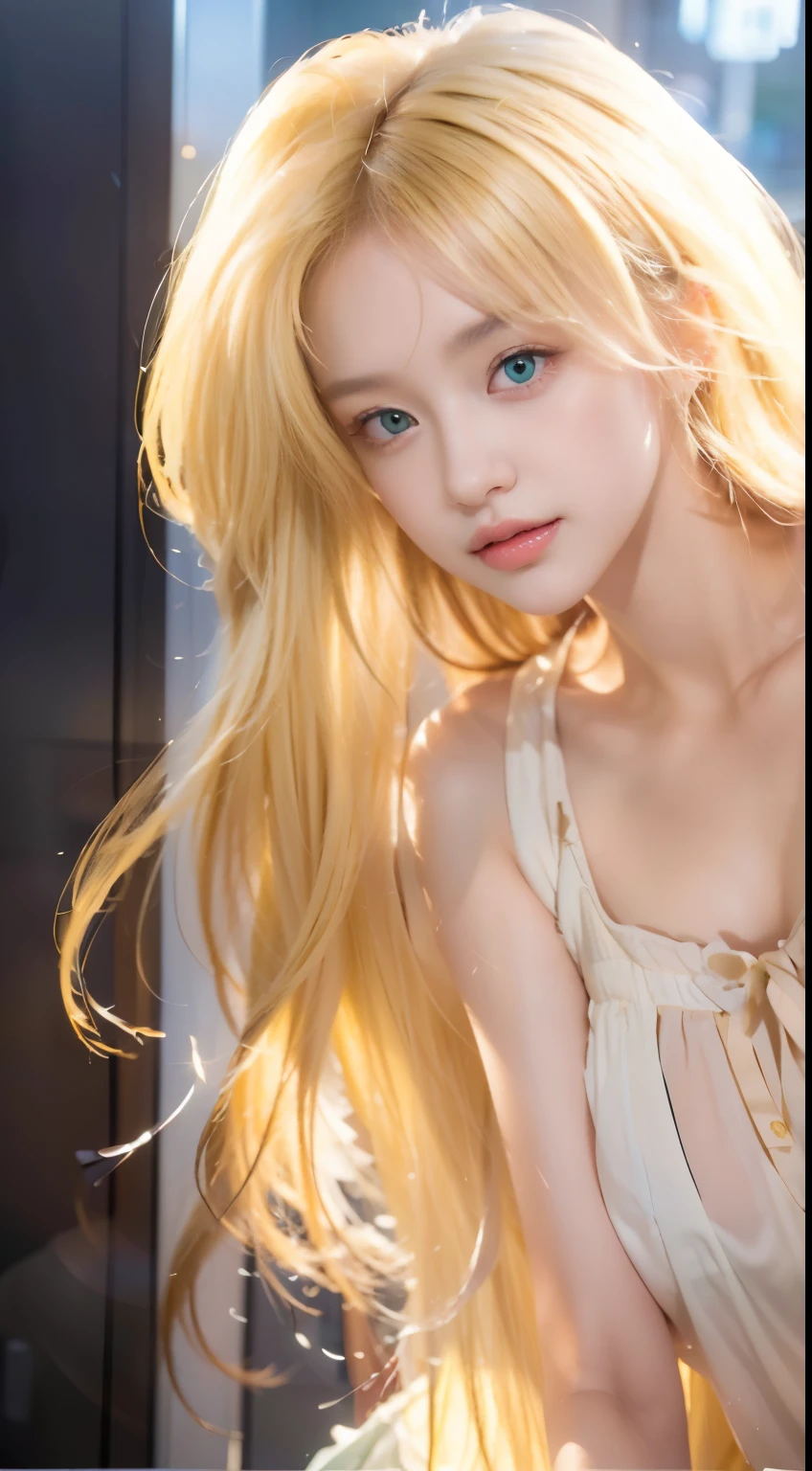 Best quality, masterpiece, ultra high res, (photorealistic:1.4), beautiful young girl, , cinematic lighting, yellow hair, green eyes , cute face