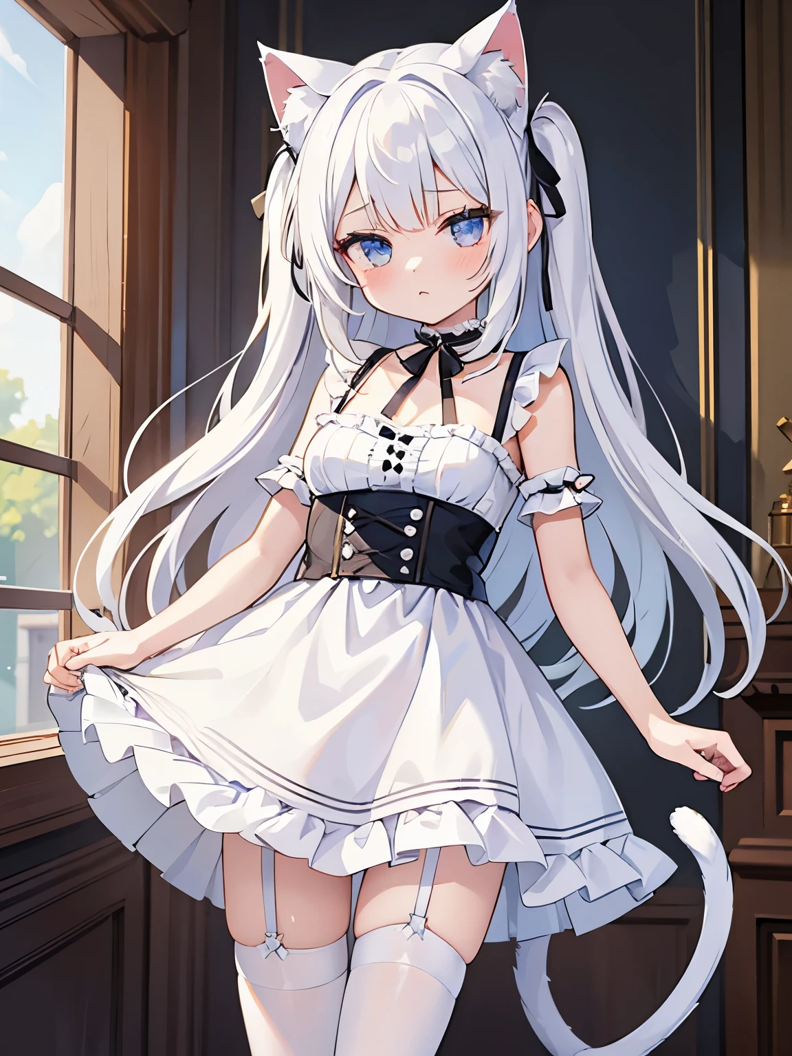 masterpiece, {{{{Highest quality}}}}, beautiful,1 girl, White_hair, cat ears(White), cat tail(White), frilled choker、miniskirt_dress, bare_shoulders, garter belt,garter straps