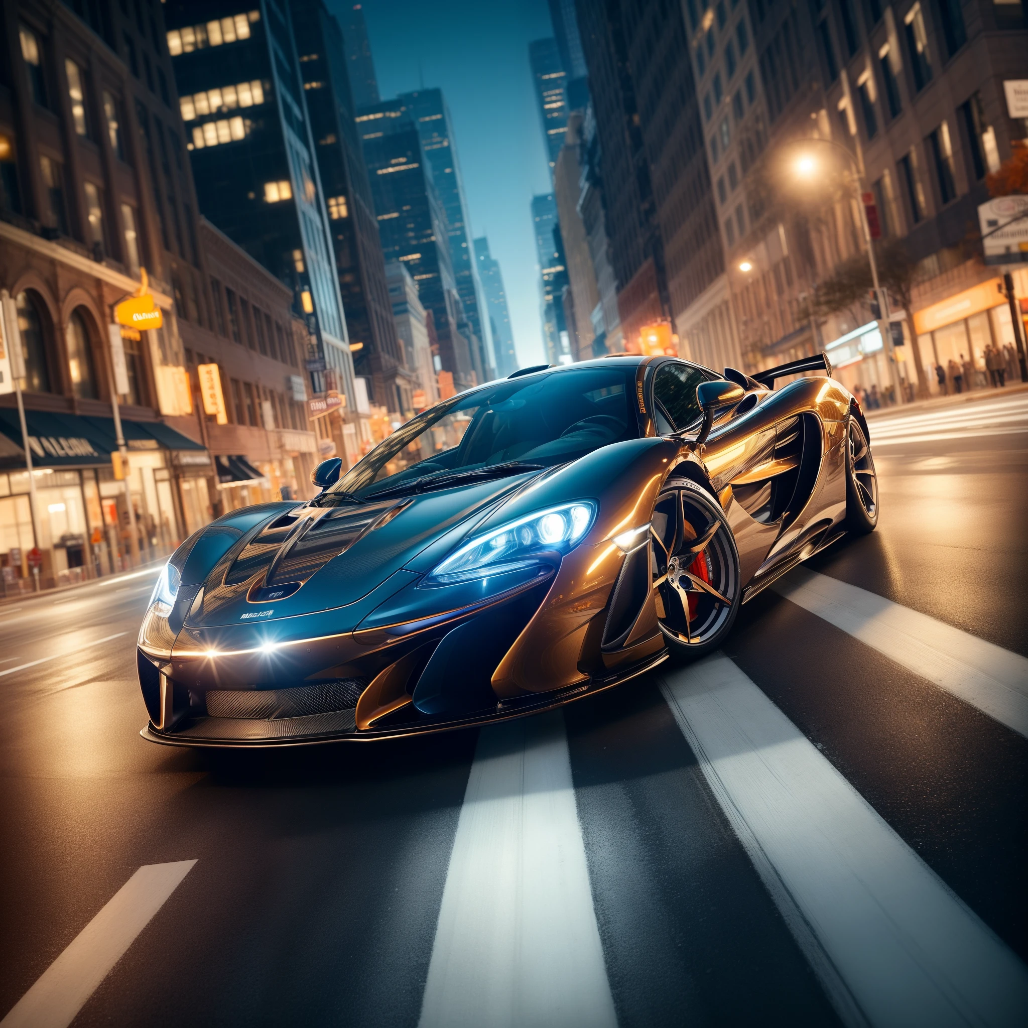 Visualize a stunning scene featuring a highly detailed McLaren F1 gracefully cruising down the iconic Main Street in downtown NYC. Emphasize the sleek and perfect lines of this high-performance machine, capturing every curve and contour with meticulous precision. Zoom in on micro-details, such as the reflection of city lights on the polished surface of the car, the intricacies of the McLaren's aerodynamic features, and the play of shadows accentuating its powerful design. Highlight the fine craftsmanship of the McLaren, showcasing details like the precision of the wheels, the gleam of the headlights, and the smooth, aerodynamic silhouette. Set the background in the heart of downtown NYC, with towering skyscrapers lining the Main Street. Capture the vibrant urban atmosphere, with city lights reflecting off the car's exterior, creating a visually captivating and dynamic scene. Consider the traffic and city life surrounding the McLaren, adding depth and context to the high-speed elegance of the car. This detailed prompt aims to inspire a highly detailed and visually striking depiction of a McLaren F1 cruising down Main Street in downtown NYC, focusing on perfect lines, micro-details, and the electrifying energy of the urban environment.