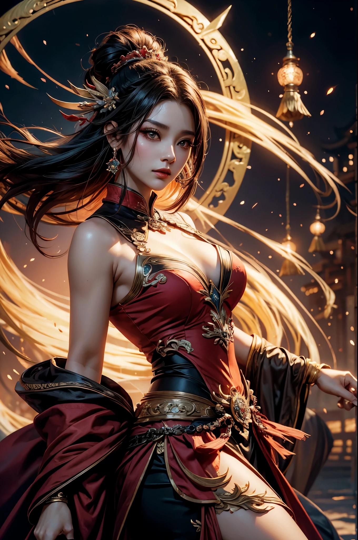 um close de uma mulher em um vestido vermelho com detalhes dourados, uma linda imperatriz de fantasia, zhongli do impacto genshin, Inspirado por Lan Ying, inspirado em Du Qiong, inspirado por Li Mei-shu, ruan jia e artgerm, jogo cg, cinematic goddess close shot, intrincado estilo cgi de anime ornamentado, inspirado em Pu Hua