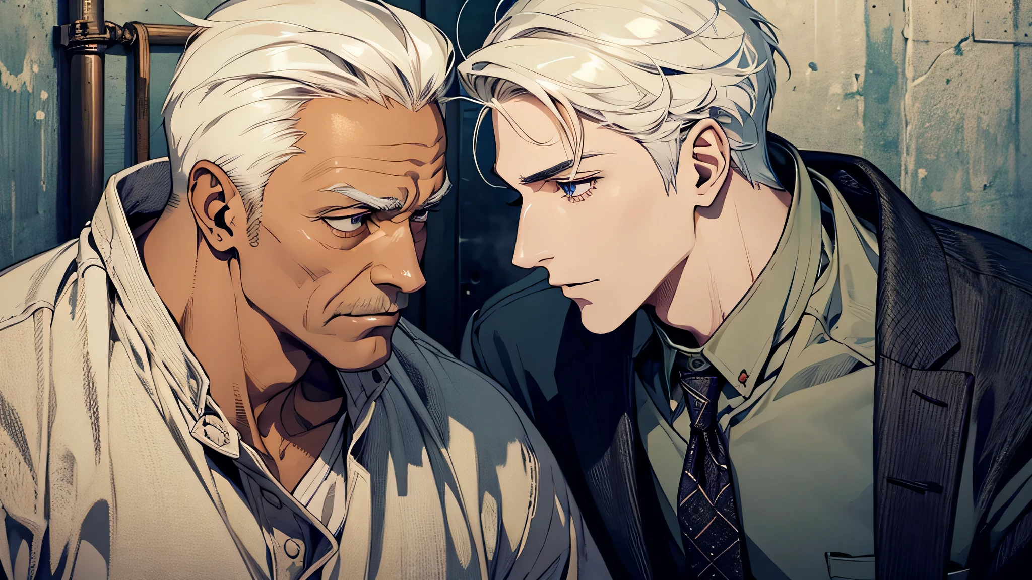 An old man and a young man are talking with a delicate face ultra-clear, in a prison cell, detailed eyes, detailed face, detailed nose
