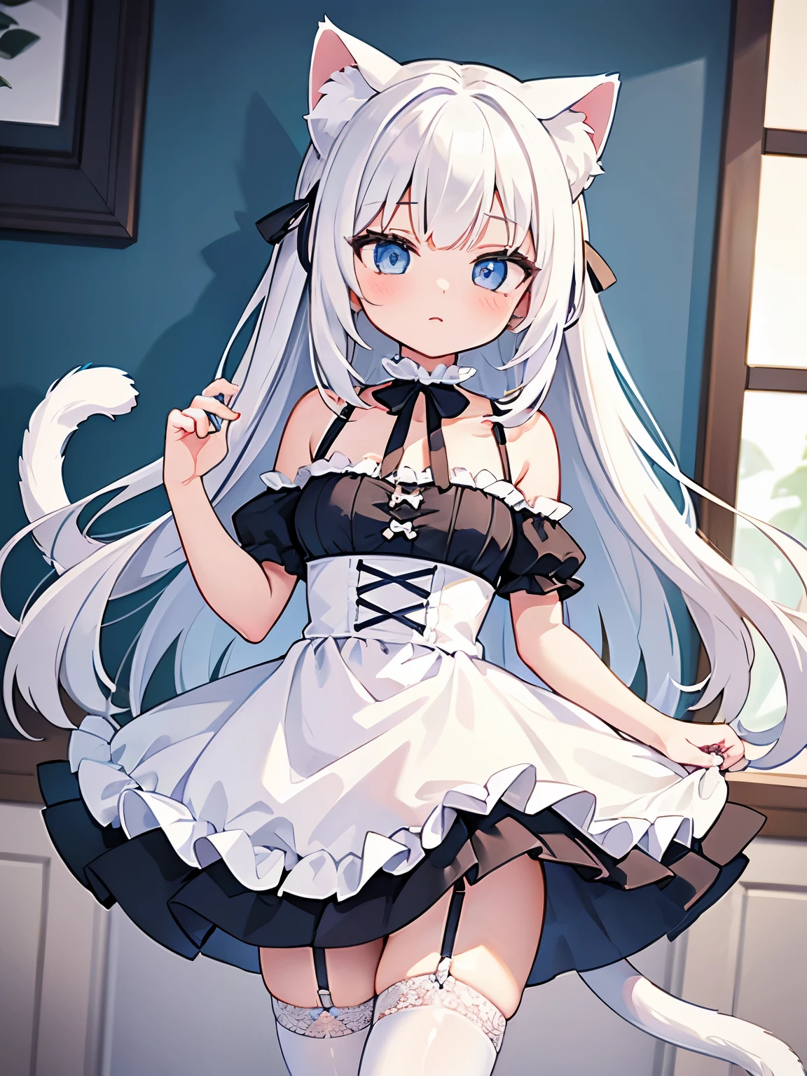masterpiece, {{{{Highest quality}}}}, beautiful,1 girl, White_hair, cat ears(White), cat tail(White), frilled choker、miniskirt_dress, bare_shoulders, garter belt,garter straps