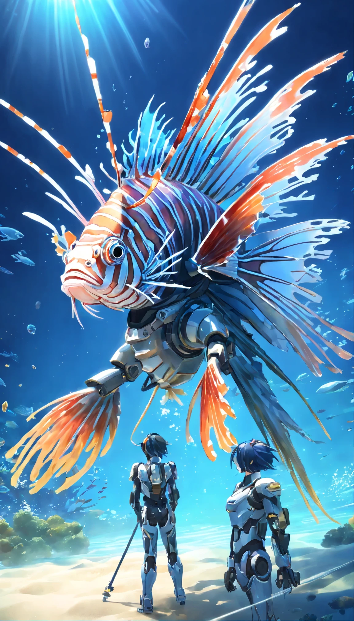 (A cybermecha lionfish with a sense of transparency:1.5), (Cyber Mecha Lionfish:1.5), (Fondo de pantalla CG unity 16k extremadamente detallado:1.1), (Noise Removal Force: 1.45), (tobra maestra:1.37), (posando de cuerpo entero:1.4:), longitud entera, dynamic angle, cielo estrellado, textura realista, side lighting, brillar, luz brillante, trazado de rayos, ((obra maestra)), (obra maestra), Mejor calidad, HD