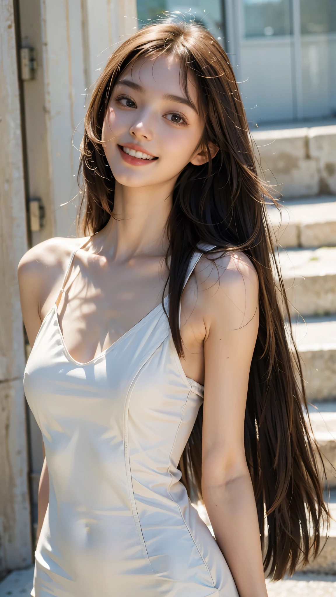 highest quality, masterpiece, ultra high resolution, (realistic:1.4), (close portrait) RAW photo, 1 girl, 22 years old,((Whitening))slender body,medium chest,((cream one piece dress)),((long hair with straight bangs)),((Pulling up your hair)),((looking up at the viewer)), realistic pictures,((toothy smile)),