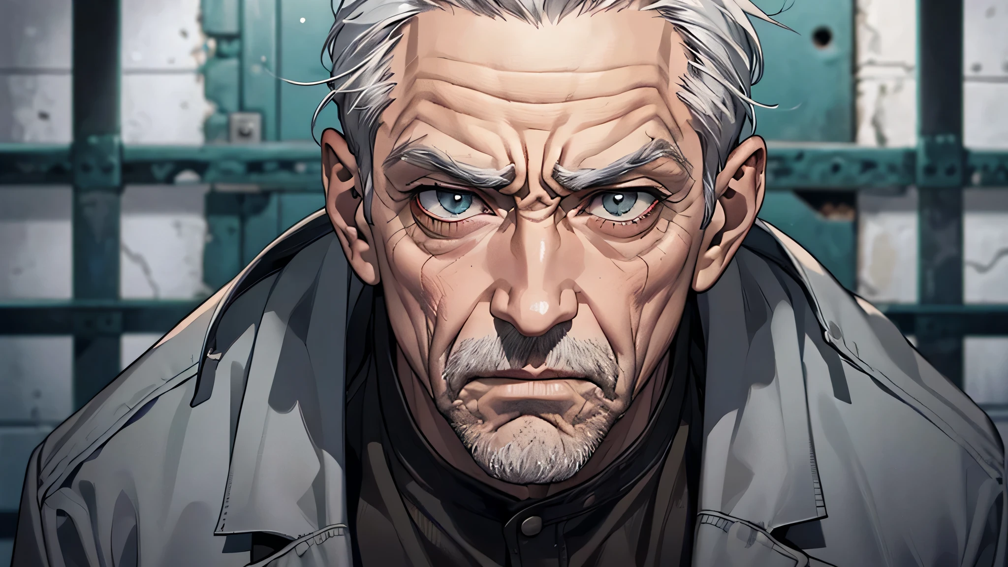 An old man with gray hair,Sneering expression,disdain, An old man,wrinkle on face, gray hair, detailed eyes, detailed face, detailed nose, disgusting face, talking something, open mouth, If only killing intent could actually kill, in a prison, in a cell prison