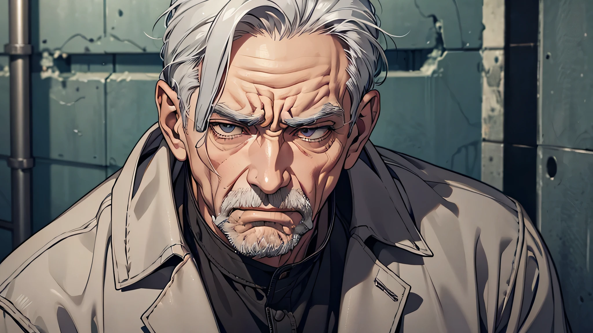 An old man with gray hair，Sneering expression，disdain, An old man，wrinkle on face, gray hair, detailed eyes, detailed face, detailed nose, disgusting face, talking something, open mouth, If only killing intent could actually kill, in a prison, in a cell prison
