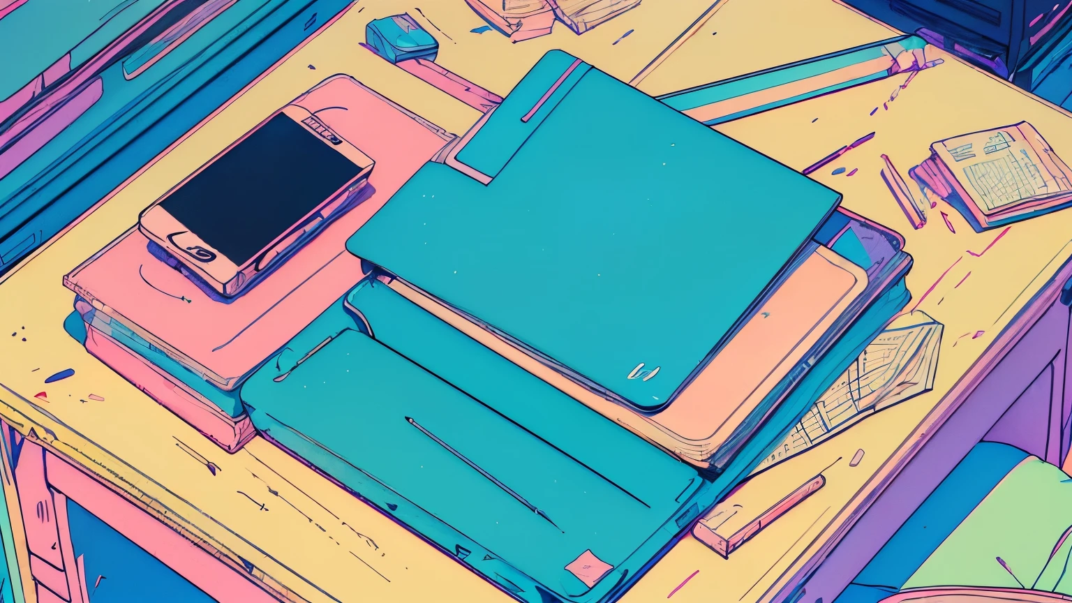 ((Vaporwave Style, partially coloring)), (((vanilla))), desk, (((On a messy desk))), highest quality:1.5, There are many documents on the desk, Living room table, Wooden table, table top, table seen from above, letter on table, (((deskの上にクローズアップ)))
