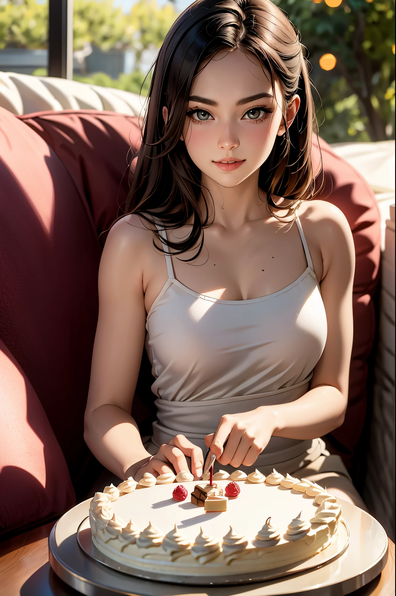 The woman is sitting on the couch with a small white Pomeranian crawling on her lap, in front of a birthday cake, making a wish on the birthday cake, celebrating her birthday, she is around 25 years old, tanned skin, facial features delicate, beautiful smile,