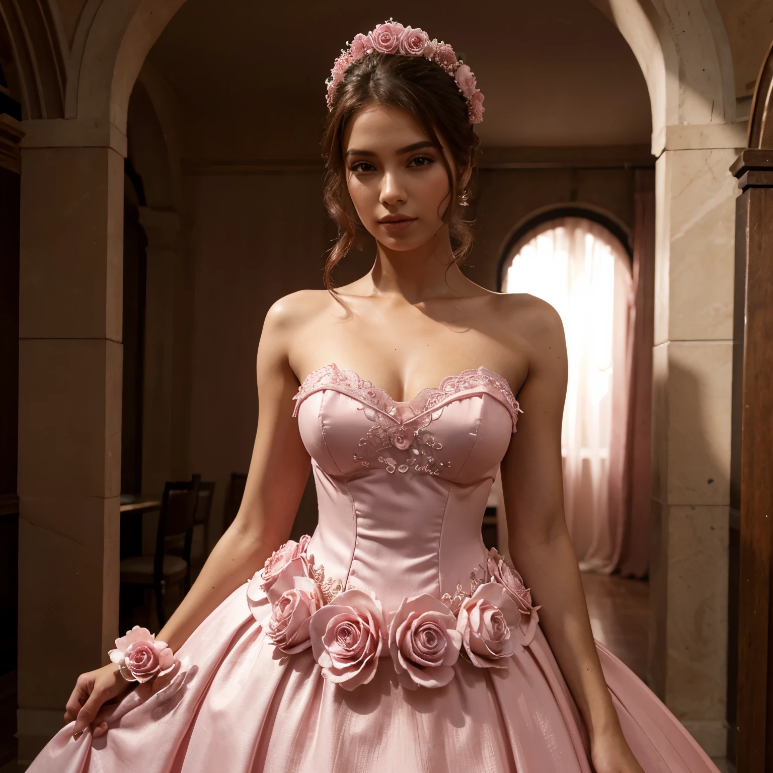 A pink mousseline 3D flowers gown on the Brazilian model