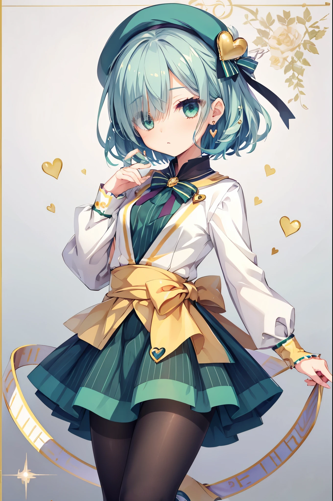 小さな女の子,完ぺきな手,small breasts,blue hair,hair above one eye,green eyes,tights, ((magical girl costume)),gold ornaments,beret,ribbon,heart earrings,Striped socks,(masterpiece,Highest image quality,best quality),simple background