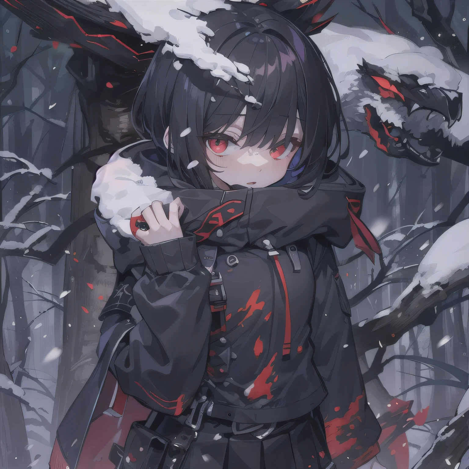 blood red eyes, black hair, black platform boots, Short hair details, black thigh socks, hair covering one eye, black hoodie, black thigh strap, black belt,night,black skirt,forest full of snow, girl