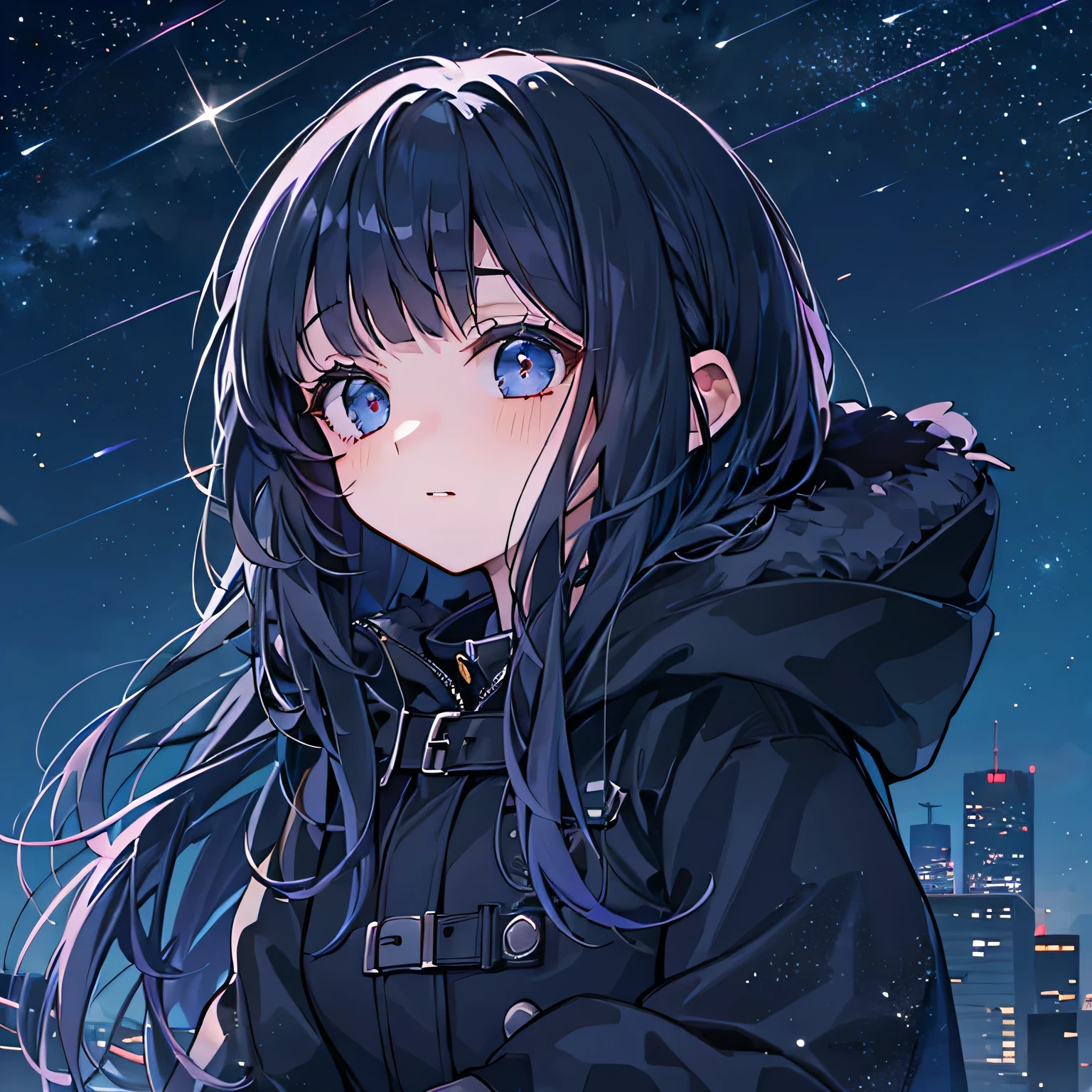 black pantyhose,Star Eyes,Black parka,black belt,meteor shower,night,dark blue hair,side ponytail,long hair,Black knee-high boots,hair covering one eye,little girl,waiting to start